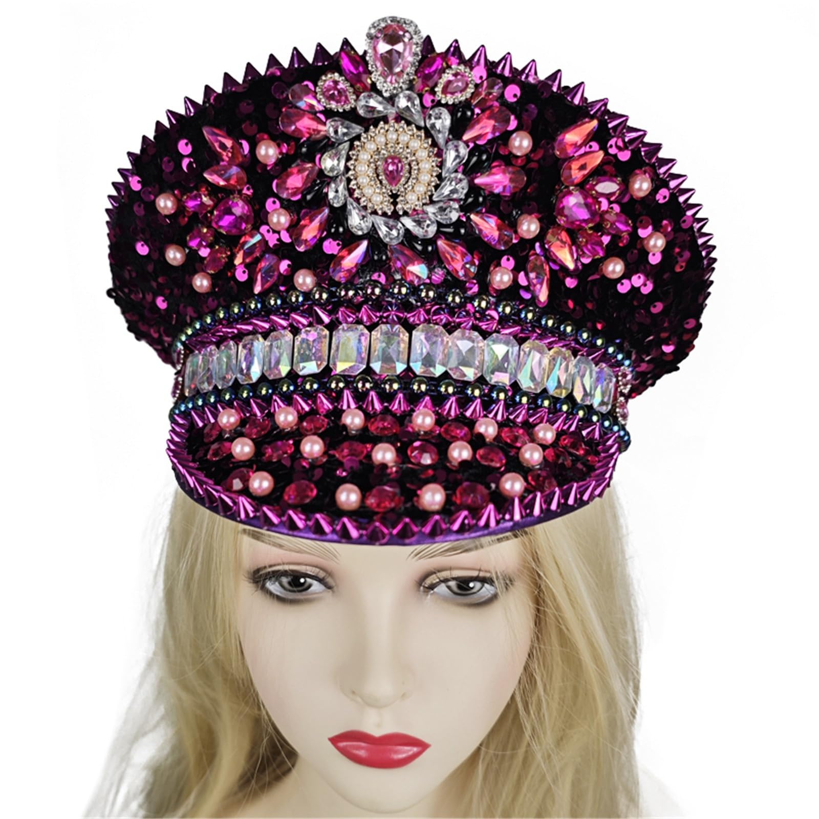 VIESSLG Stunning Sequined Captain Hat, Carnival Hat for Music Festival, Halloween, Mardi Gras and Bachelorette Party (Red)