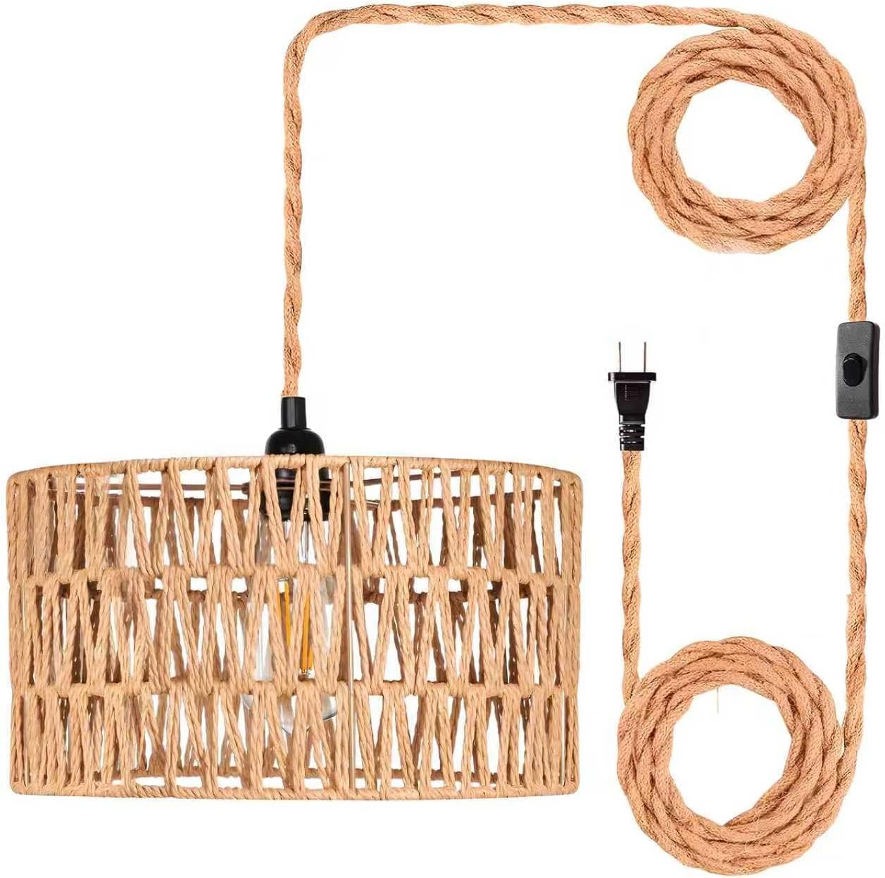 Plug in Hanging Lamp,Rattan Hanging Pendant Light with Plug in Cord, Boho Pendant Ceilling Light Fixture with Woven Lamp Shade for Living Room Bedroom Kitchen