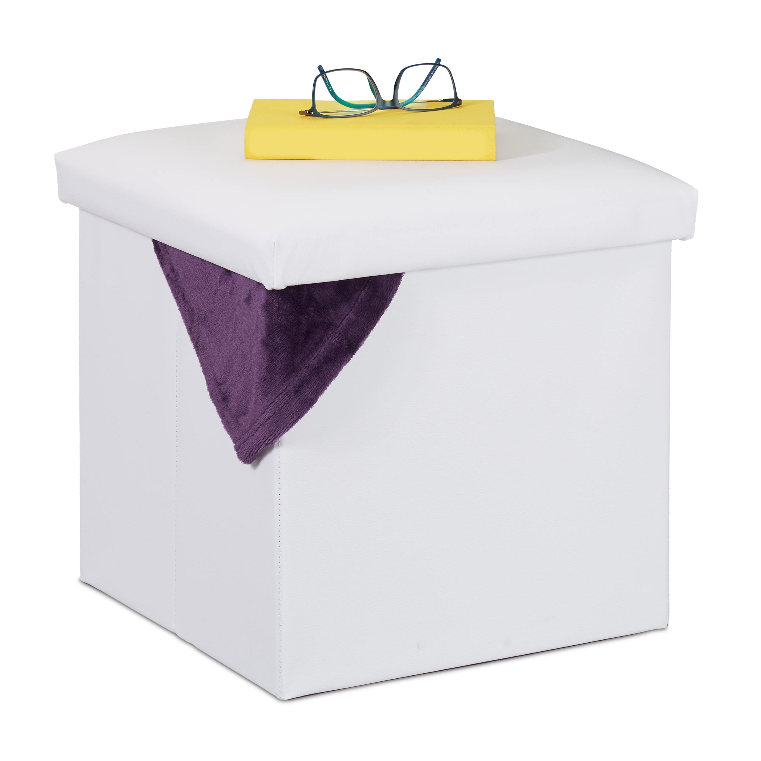 Relaxdays Taburete Almacenaje Plegable, Acolchado, Polipiel, Otomana de Almacenamiento, 38 x 38 x 38 cm, Blanco