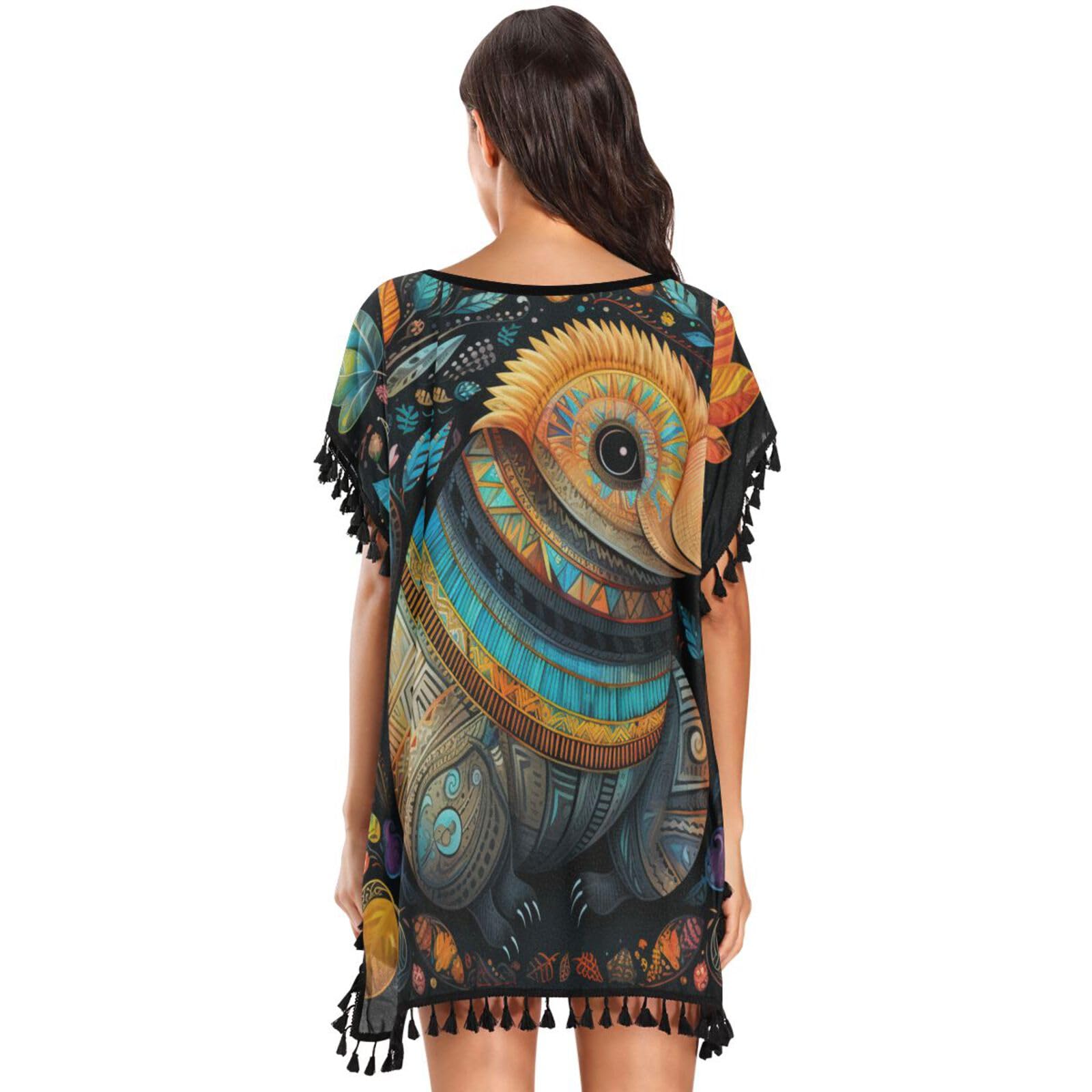 KAAVIYO Colorful Armadillo Pangolin Women's Beach Cover Up Chiffon Tassel Swimwear Swimsuit Coverups for Girl