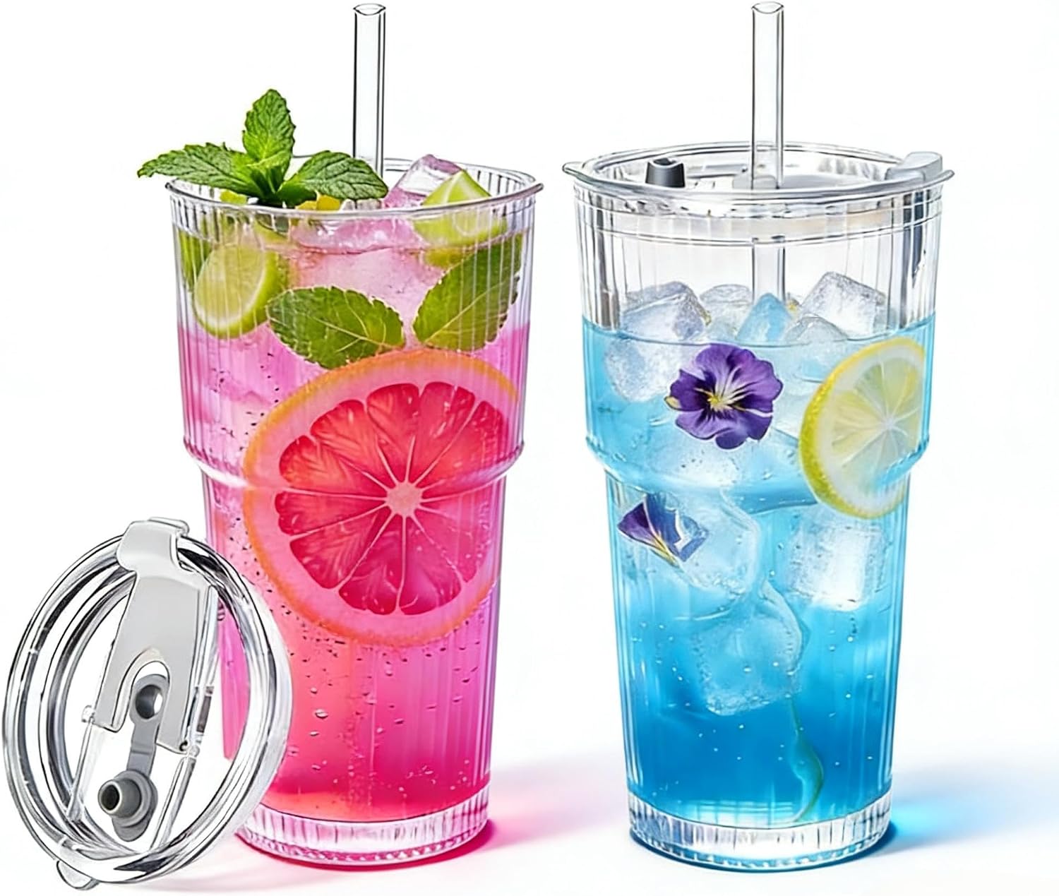 20oz Ribbed Glass Tumblers with Lids & Straws 2-Pack