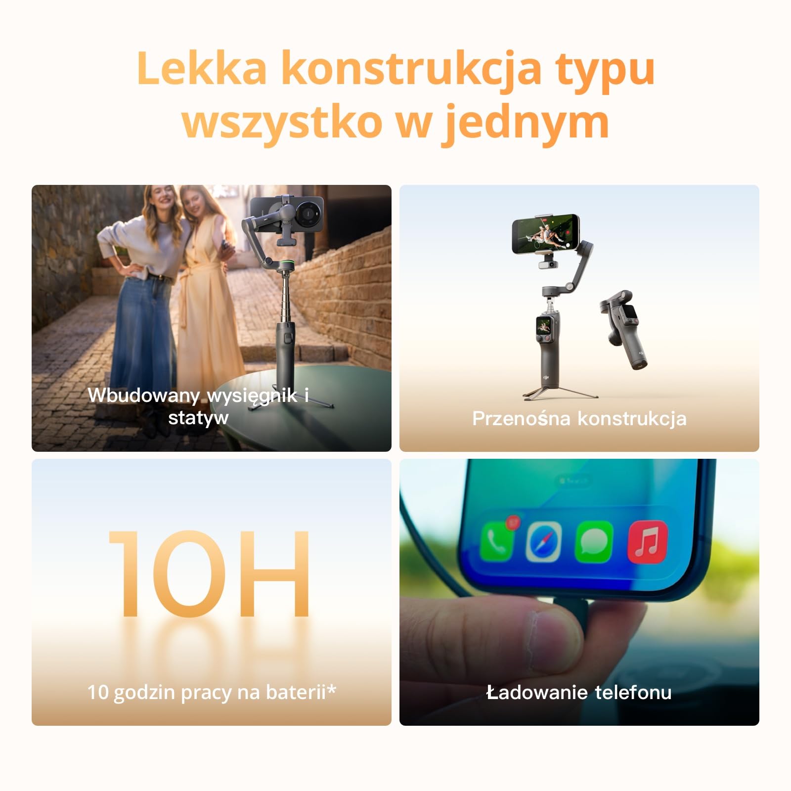 Osmo Mobile 8P, gimbal, stabilizator do iPhone’a i Androida, moduł śledzenia, pilot, natywne śledzenie, wysięgnik, statyw, bateria 10h, stabilizacja 3-osiowa, gimbal do telefonu