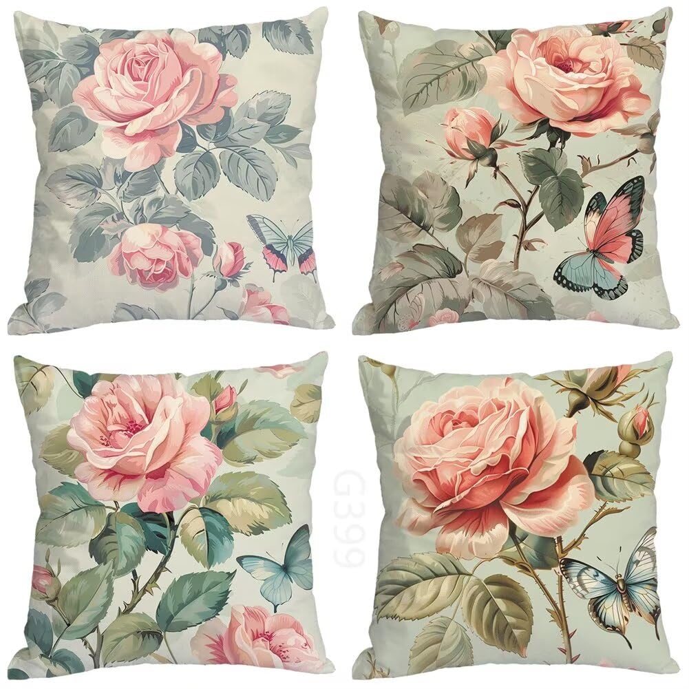 Kissenbezug 50 x 50 4er Set Kissenbezug Grün Dekokissen Modern Sofakissen Leinen Kopfkissenbezug Rose Kissenbezüge Kissenhüllen für Geschenke für Frauen Zierkissenbezug, Sofa Wohnzimmer Zierkissen G-0