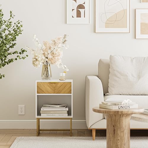 Miniatura 4 de Masupu Mesita de noche, mesa auxiliar de cama, moderna mesita de noche de madera bohemia con cajón de almacenamiento, mesa auxiliar para dormitorio,