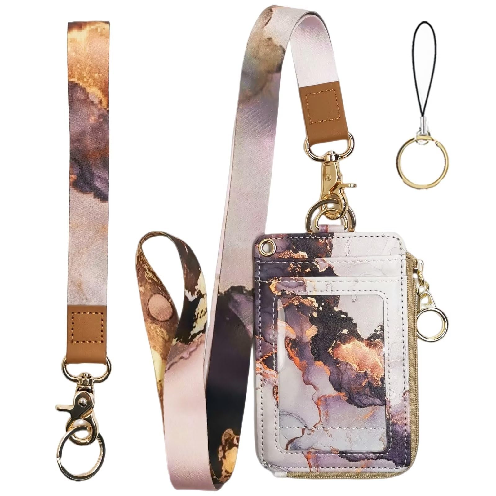 Marble Badge Holder with Zipper, Lanyard Wallet for Women,PU Leather ID Badge Holder with 1 Clear ID Window