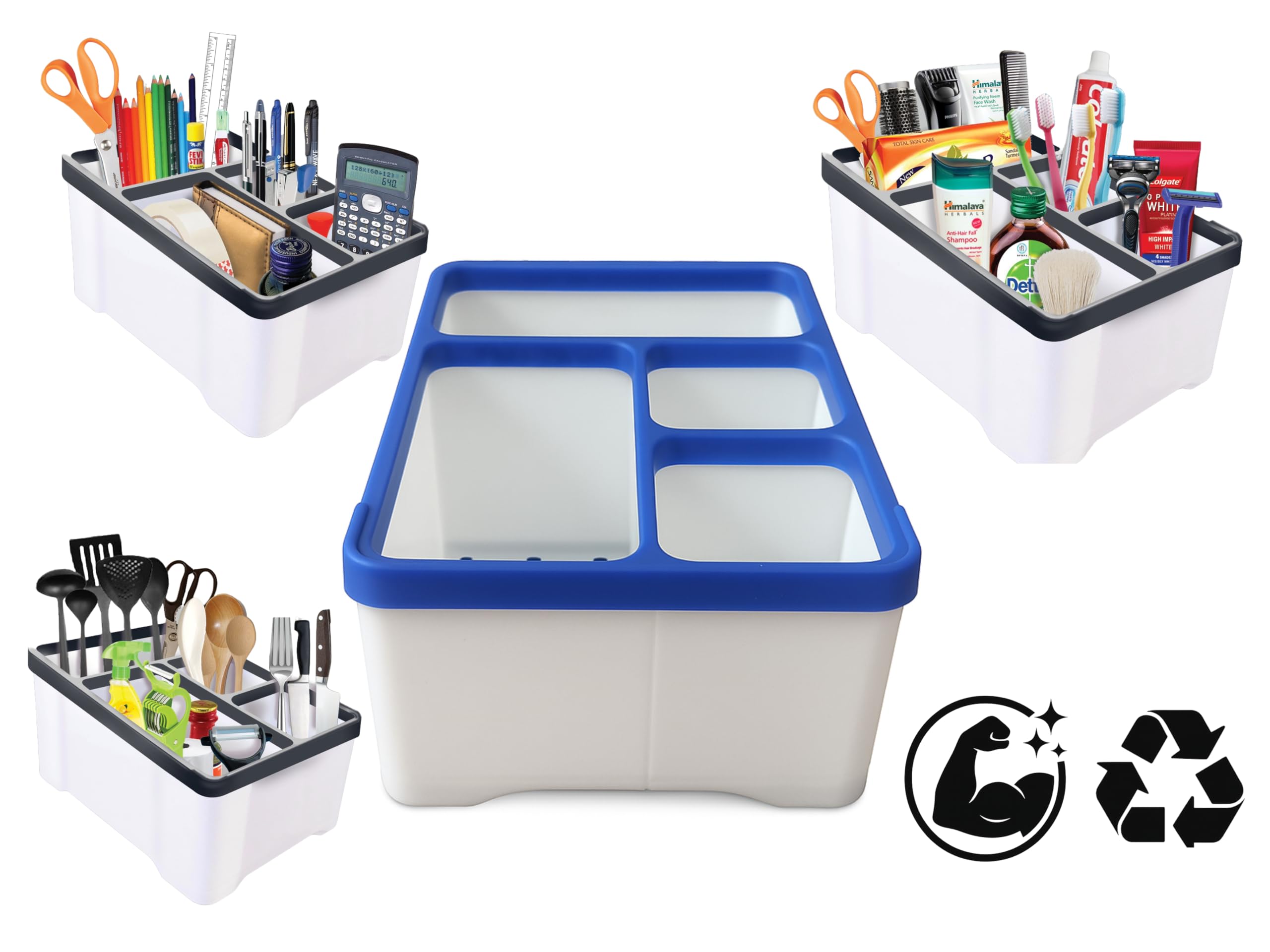 TOVOKART 1 piece Multipurpose Holder with multiple compartments for Pen, Stationery, Remote, Kitchen Utensils & More | Virgin Plastic & Kitchen Organizer for Home & Office (White)