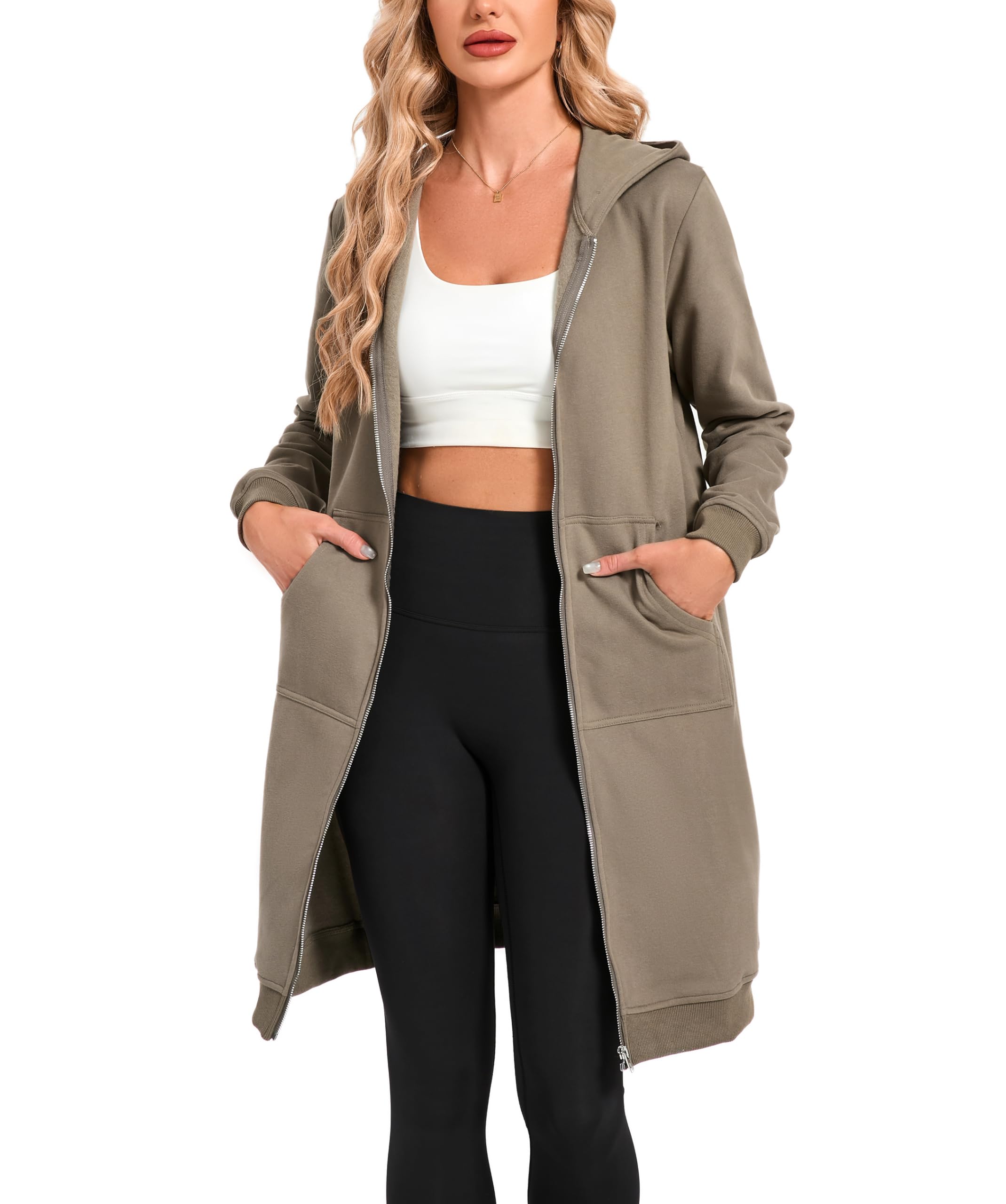 Timuspo Damen Lange Kapuzenjacke Weich und Locker Sweatjacke Einfarbig Zipper Hoodie Oversized Warm Sweatshirt Jacke Kapuzenpullover mit Taschen