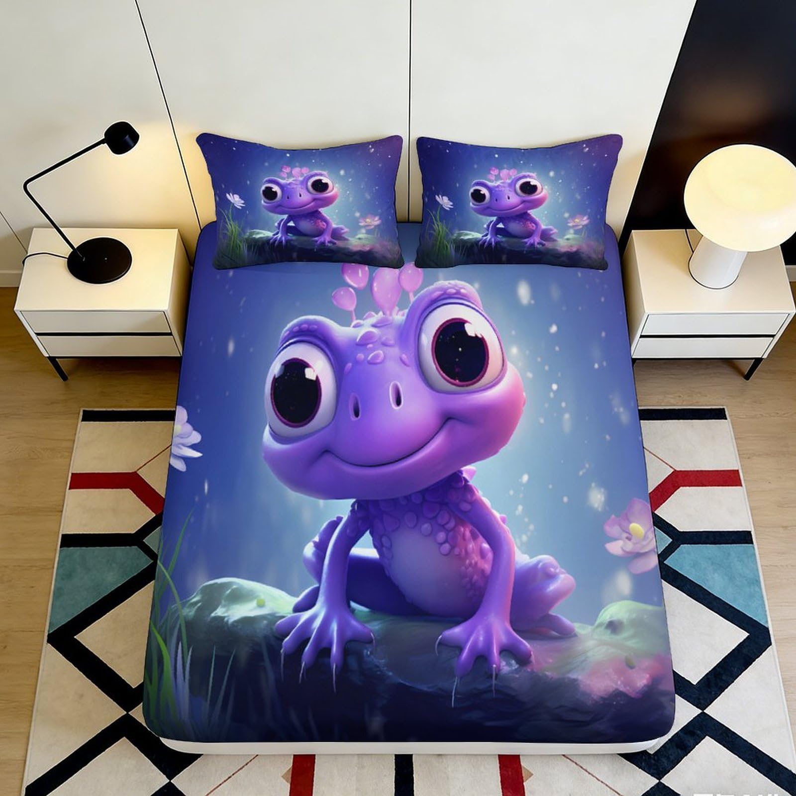 3D Printed Purple Cartoon Frog Fitted Sheet Microfiber Bed Cover for Bedroom Dorm Room Easy Care Anti-Slip Decor 90x200x25cm