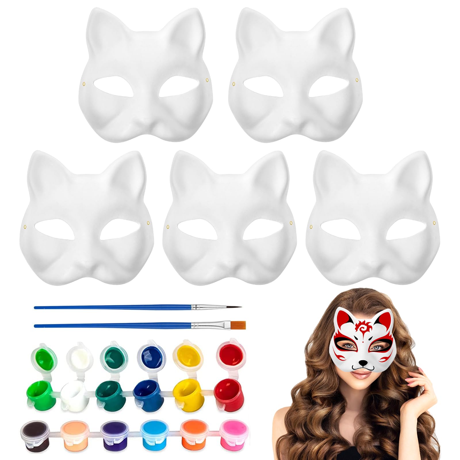 Pepisky 5 Pieces Cat Mask, DIY Unpainted White Paper Mask, Cat Face Pulp Blank Hand Painted Mask for Festival Performance Cosplay Party