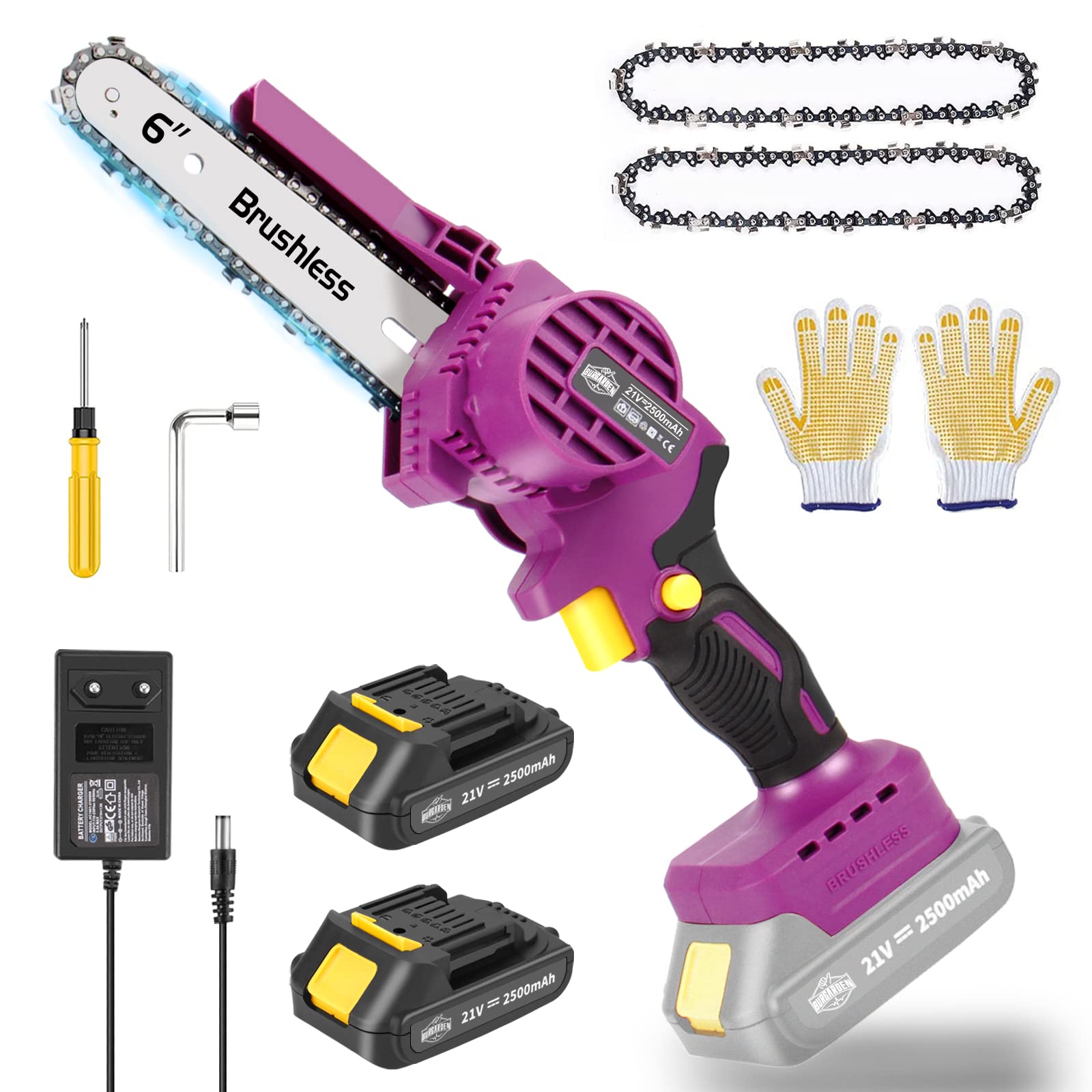 Mini motosierra con batería de 6 pulgadas, motosierra con motor sin escobillas, portátil de una sola mano, motosierra manual para jardinería, poda de árboles, corte de madera (2 cadenas, 2 baterías)