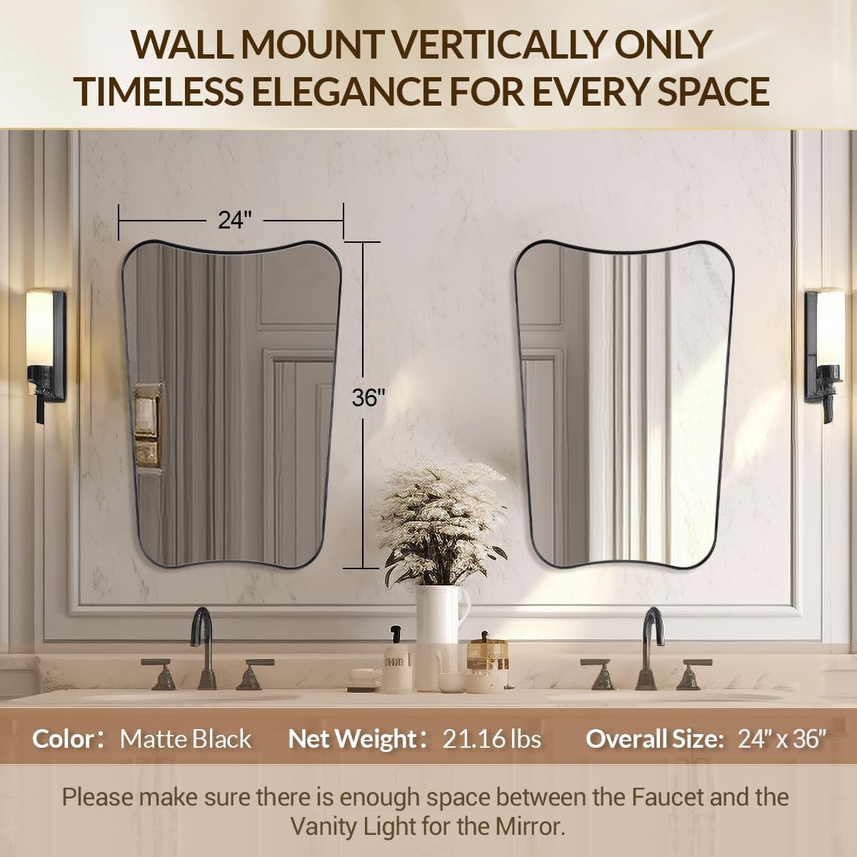 MIRRORART Black Irregular Wall Mirrors 24x36 Inch, Asymmetrical Bathroom Mirrors Butterfly Shaped Concave Top in 1’’ Stainless Steel Metal Frame for Bathroom Home Decor Wall Mount Vertical