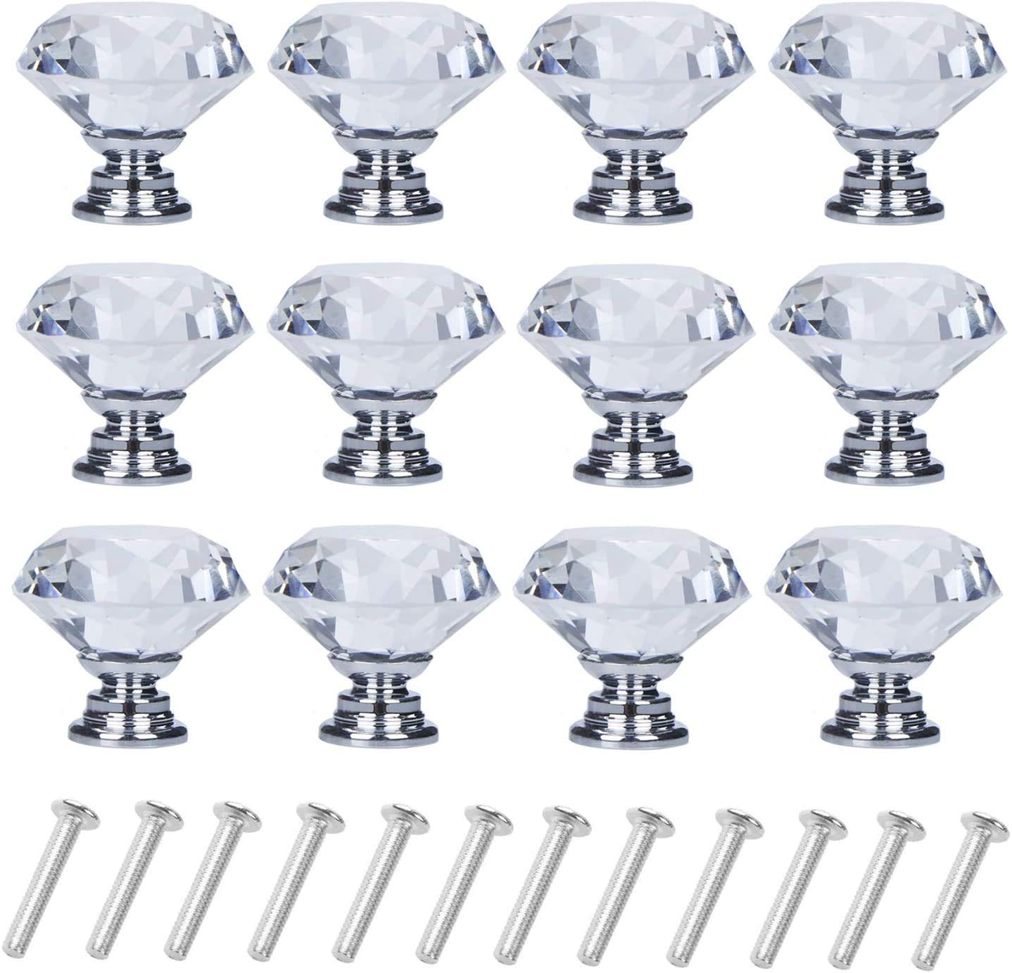 MytlpCrystal Door Knobs 12PCS 30MM Clear Crystal Door Knobs Pull Drawer Kitchen Cabinet Drawer knobs with Screws