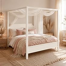 Queen Wooden Canopy Platform Bed Frame with Headboard, 4-Poster White Canopy Bed Frames with Sturdy Legs, Classic Wood Bed for Modern Farmhouse, No Box Spring Needed Creamy White