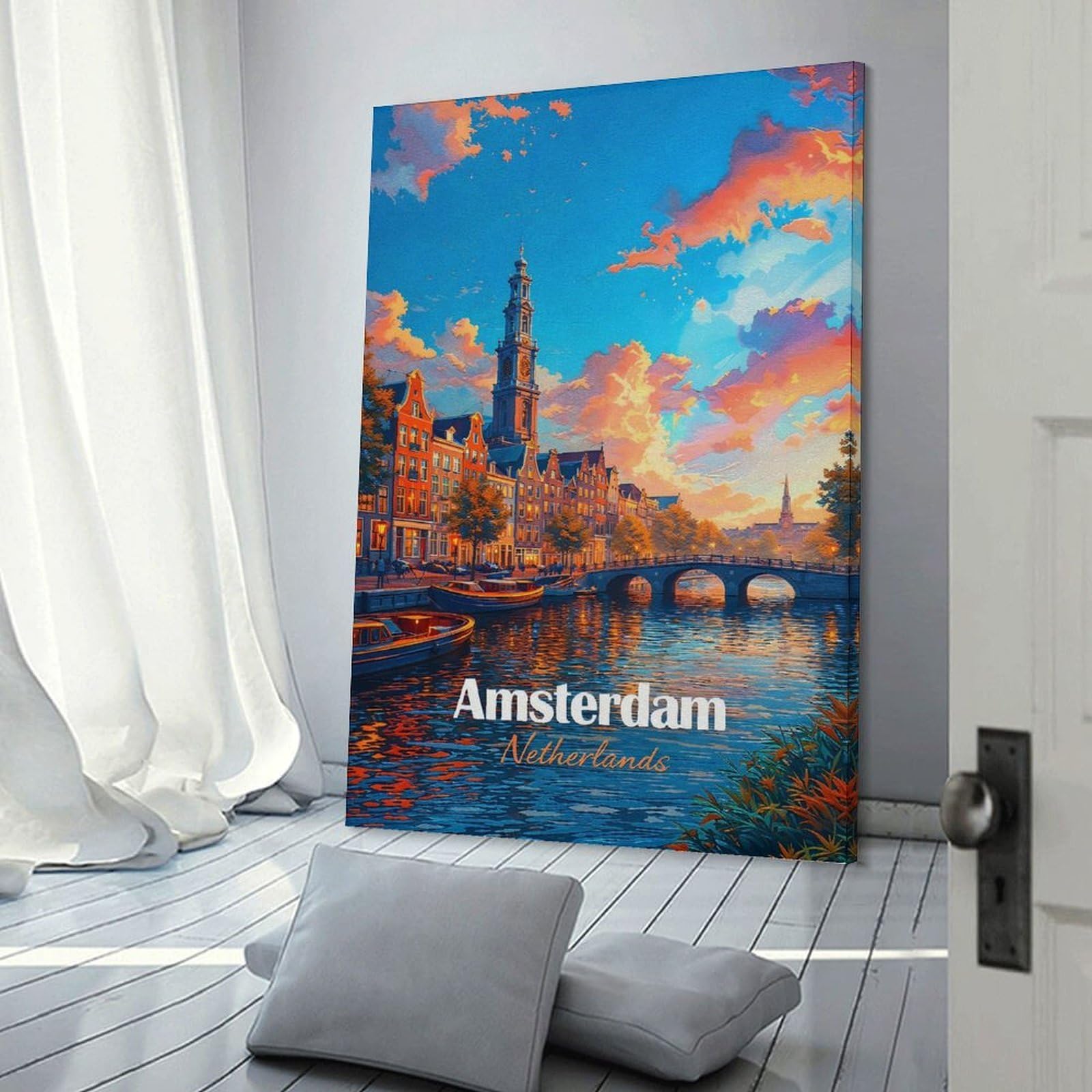 Junmoney Frame-Style-6-2 Amsterdam Canal At Sunset(2) Canvas Wall Picture, 16X24inch(40X60cm), For Study, Office Or Focused Interiors, Home Office Artwork With Decorative Appeal