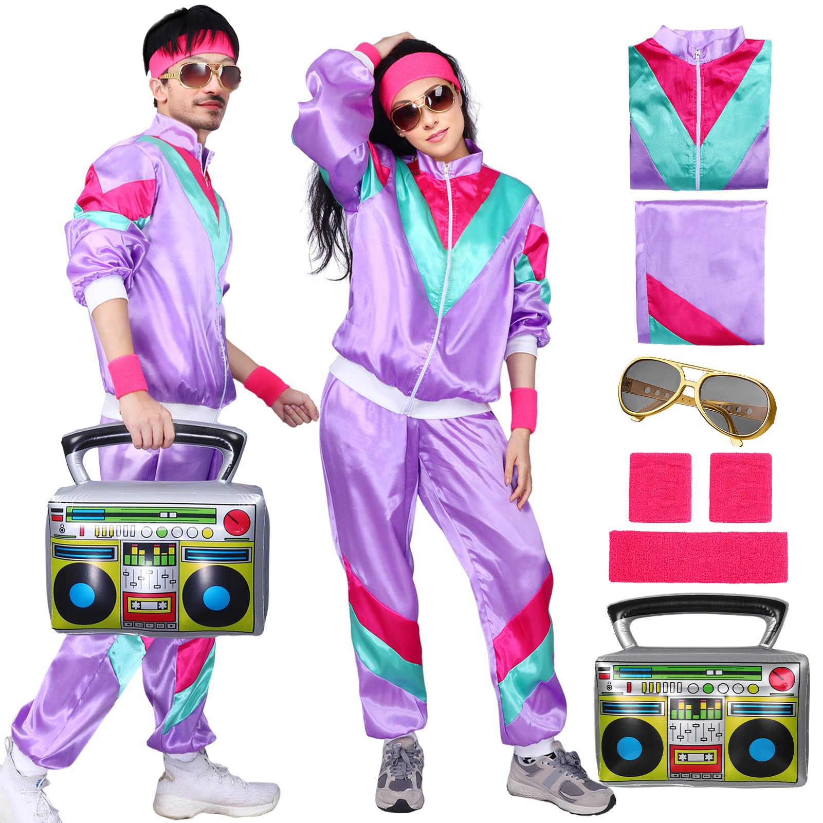 80s 90s Fancy Dress Costume Men Women Adults, Shell Suit Rave Tracksuit Retro Outfit Jacket Hip Hop Rapper Disco Accessories Carnival Halloween Party (Color 2, L)