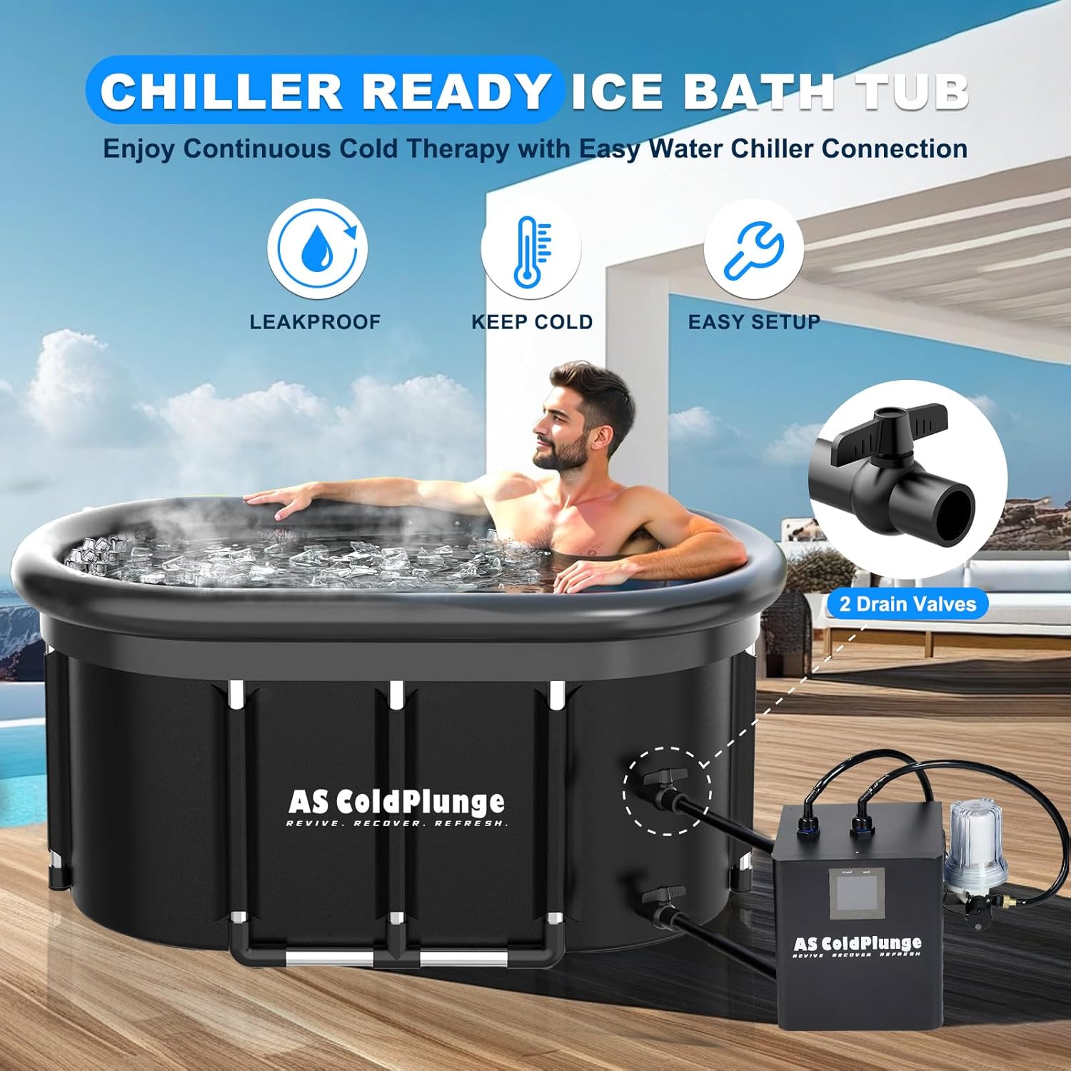 AS ColdPlunge XXL Oval Ice Bath Tub for Cold Plunge, Portable Ice Pod with Lid, 148Gal Inflatable Cold Plunge Tub with 2 Drain Valves for Chiller Connection, Cold Therapy Recovery, Indoor Outdoor Use