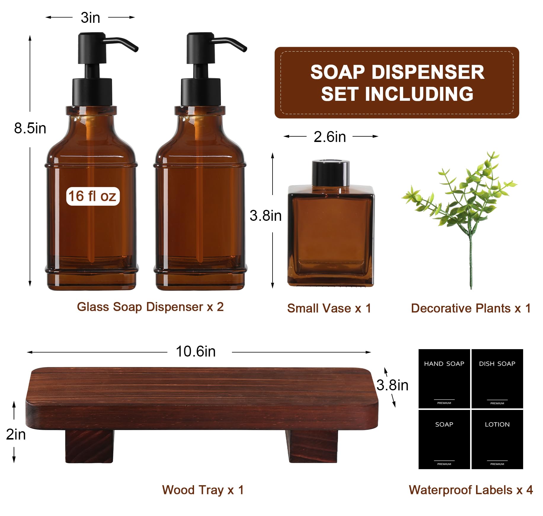 Moderno set di dispenser di sapone da cucina con vassoio in legno, dispenser di sapone in vetro ambrato con pompa, set di dispenser di sapone decorativo per mani e piatti, dispenser di sapone e