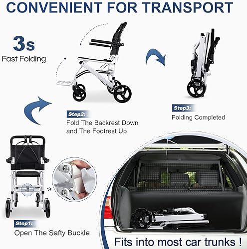 Miniatura 3 de Silla de ruedas plegable ultraligera y ligera para adultos, sillas de ruedas de transporte portátil que soportan 180 libras con pedales plegables y