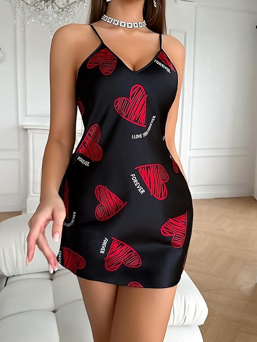 Camisón estampado para mujer con tirantes delgados, ropa de dormir suave con cuello en V, camisón cómodo