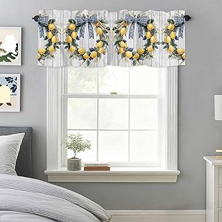 Farmhouse Style Valances for Windows, Lemon Garland Bow Wood Grain Kitchen Valance Light Filtering Rod Pocket Short Curtains for Kitchen Bathroom, 1 Panel, 60"x14"