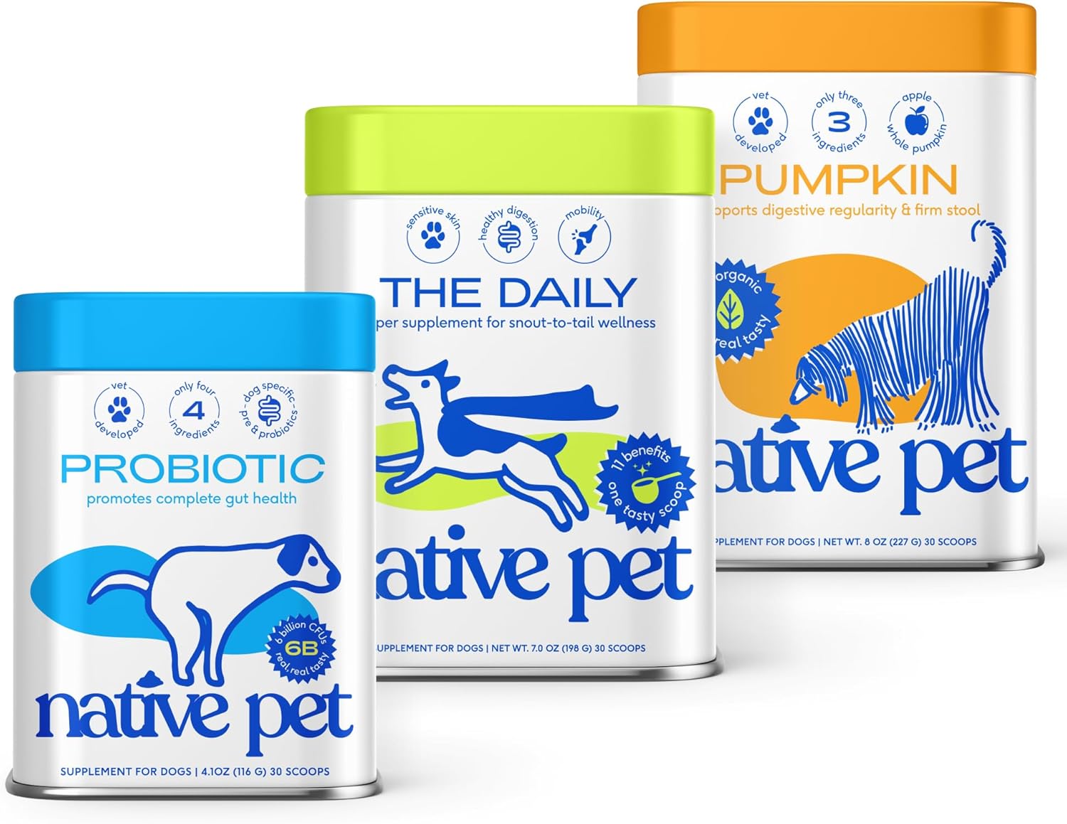 Native Pet Digestive & Wellness Boost Bundle: Probiotic for Dogs (4.1 Oz.), Daily Multivitamin (7 Oz.), & Pumpkin Fiber Support (8 Oz.)