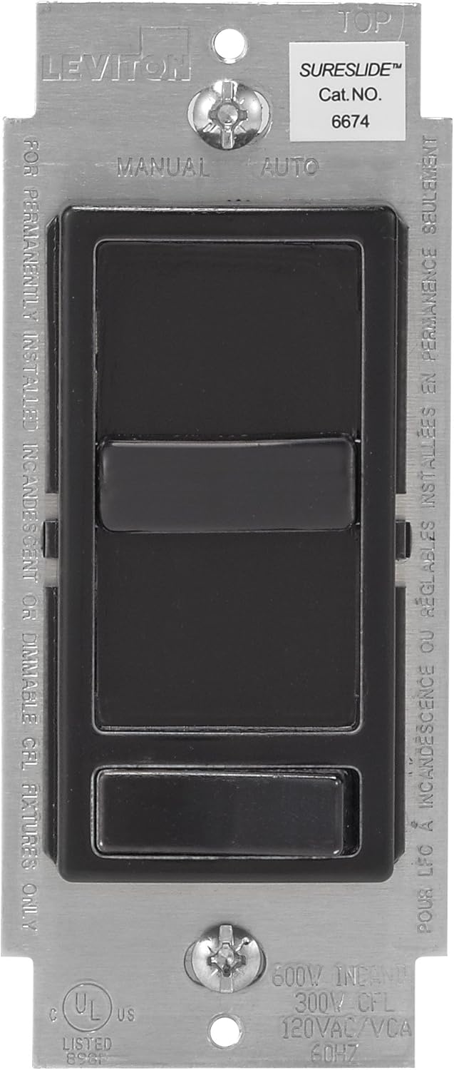 Leviton 6674P0E SureSlide Universal 150Watt LED and CFL/600Watt Incandescent Dimmer, Black,1