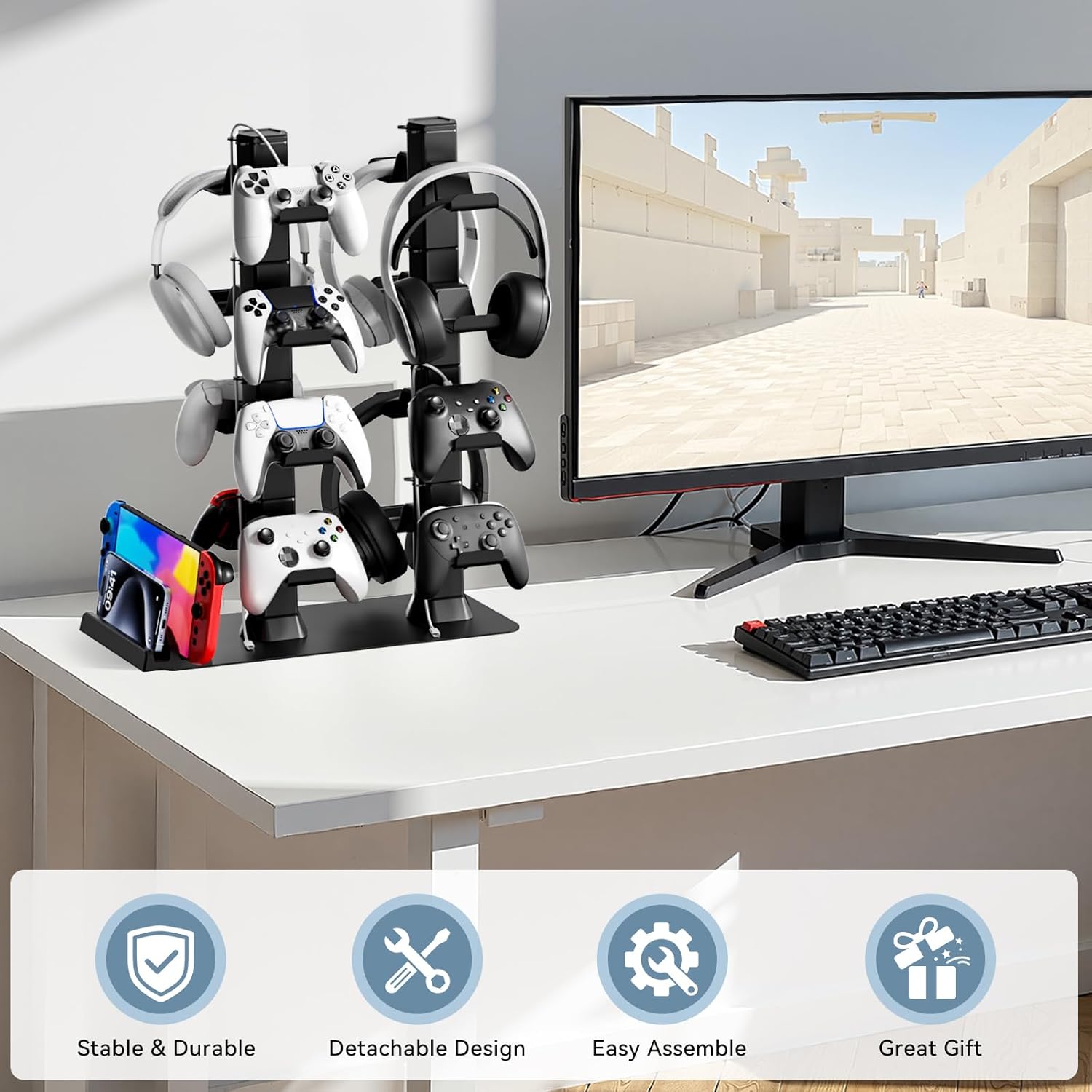 Headphone and Game Controller Desk Stand for PS5/ Xbox/ PS4 Controller, 4 Tiers Headset Hanger with Organizer for Switch 2/1/PS Portal Game Console, Multiple Controller Storage Dispay Rack-16 Hooks - Image 6