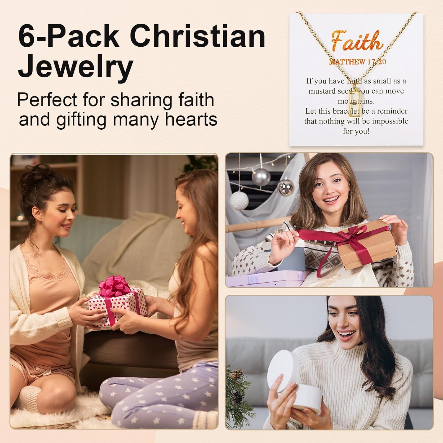 6PCS Mustard Seed Necklace Dainty Gold Plated Christian Jewelry Gifts for Women Move Mountains Charm Mustard Seed Jewelry Stainless Steel Christian Faith Necklace for Women Valentine Birthday Baptism - Image 7