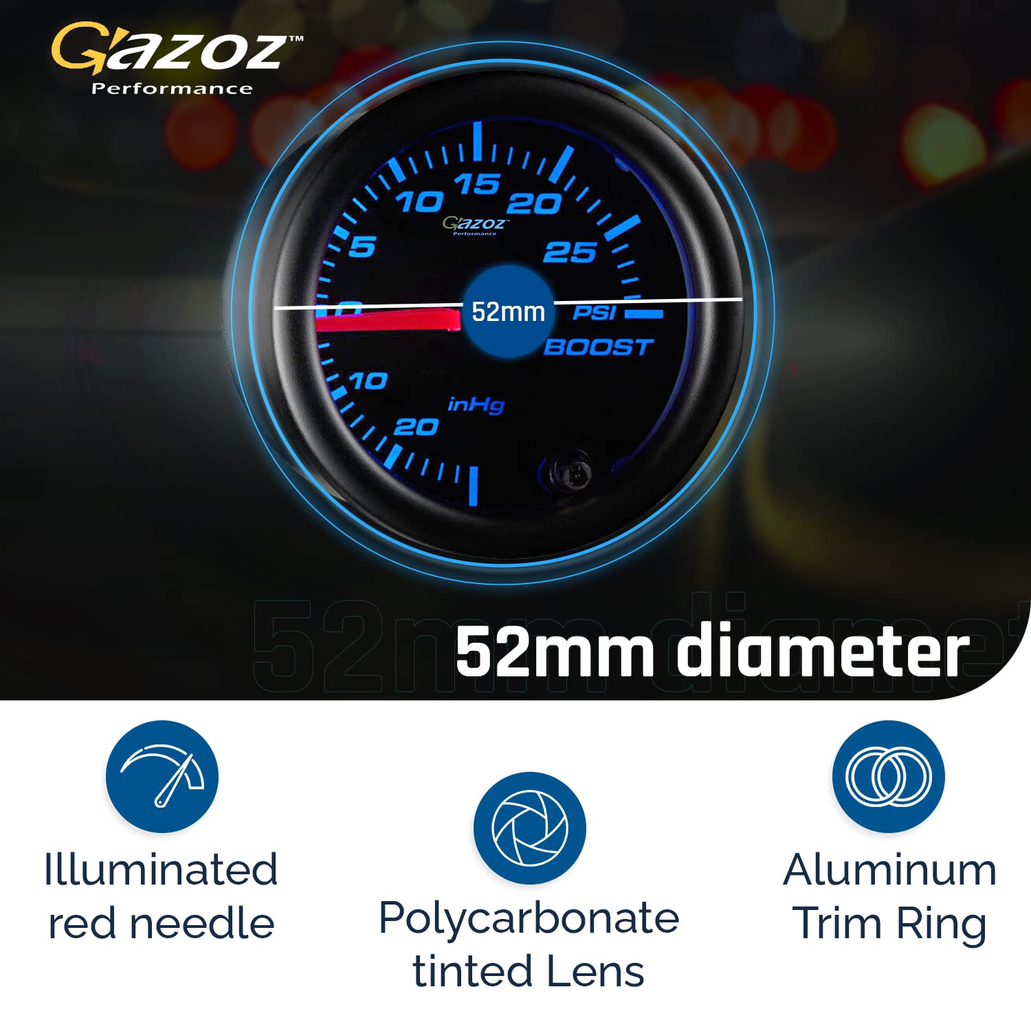 52mm 7 Color PSI Turbo Boost Pressure Gauge Meter w Smoke Tinted Face - Instrument Boost PSI Turbo Gauge Kit