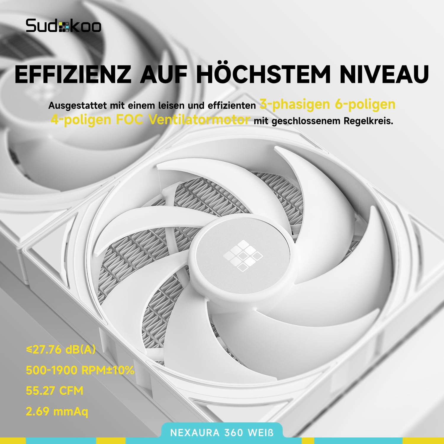 Sudokoo NEXAURA 360 WeIß CPU Wasserkühlung : AIO Wasserkühlung 360mm mit 3x FDB PWM Lüfter & ARGB PWM Pumpe van 2500–3600 RPM - CPU Kühler TDP 300W für Intel LGA 1851/1700/1200/115X AMD AM5/AM4