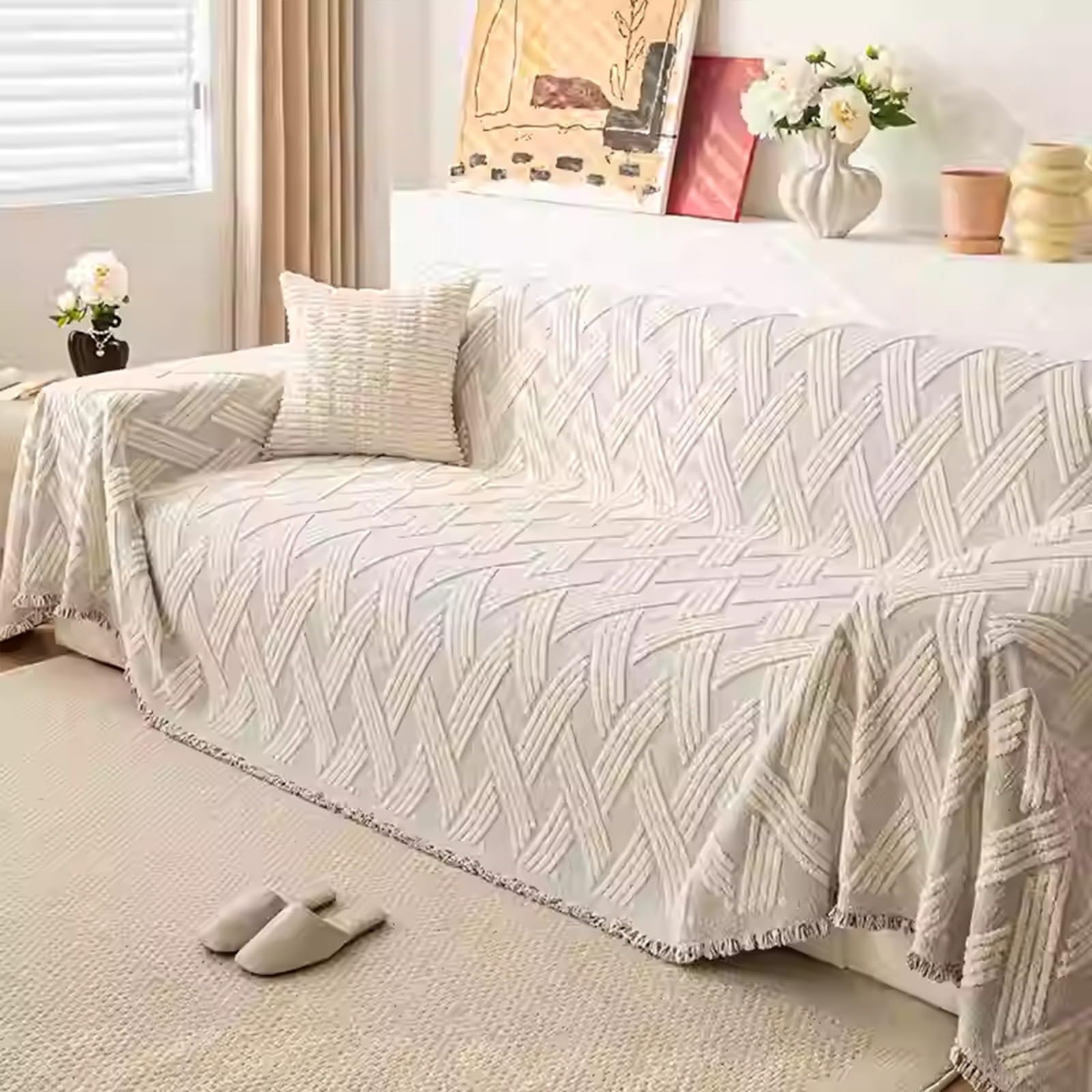 Housse canapé lavable contre les taches jeté gris à pompons 180x150