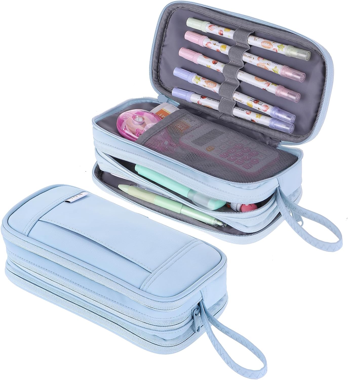 NOL Natural Organic Lifestyle Large Capacity Pencil Case Zipper Pencil Purse 3 Compartment Pencil Pouch Office Stationery Organizer Multi-functional Pencil Bag for School Girl Boy Adults - Light blue