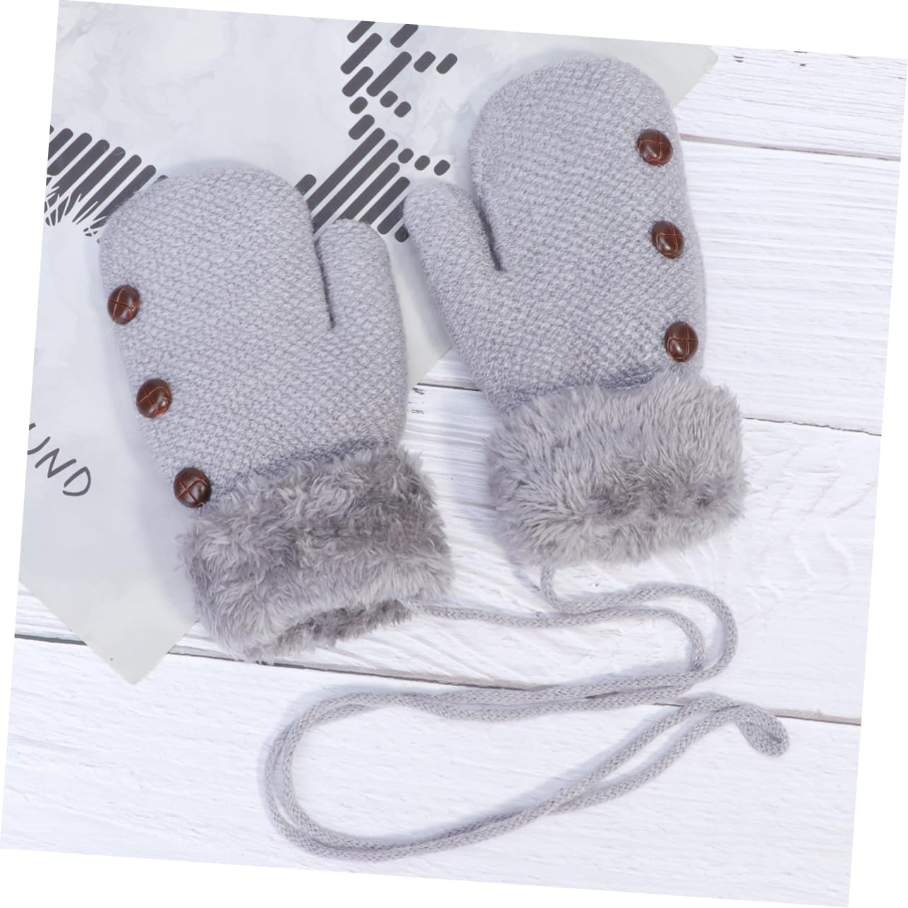 WOFASHPURET Boys Girls Winter Mittens Knitted Gloves with Warm Plush and Hanging Rope (large Grey)