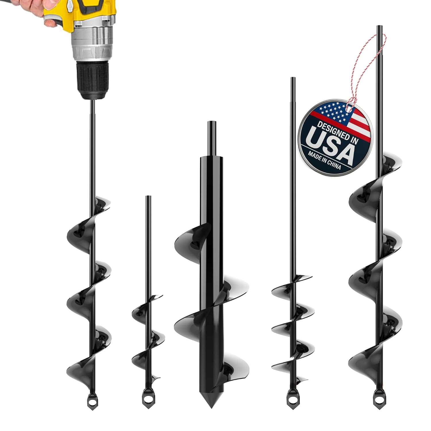 Auger Drill Bit for Planting 4 Pack – Garden Spiral Hole and Bulb Planter Tool for Umbrella Holes – Compatible with 3/8 Inch Hex Drive