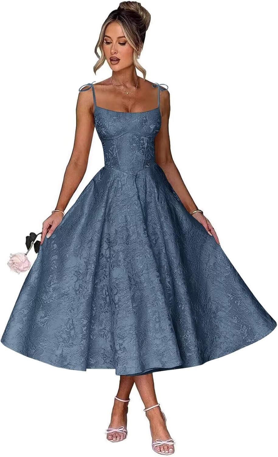 Satin Jacquard Tea Length Prom Dresses for Teens A Line Midi Formal Evening Party Gown 2026