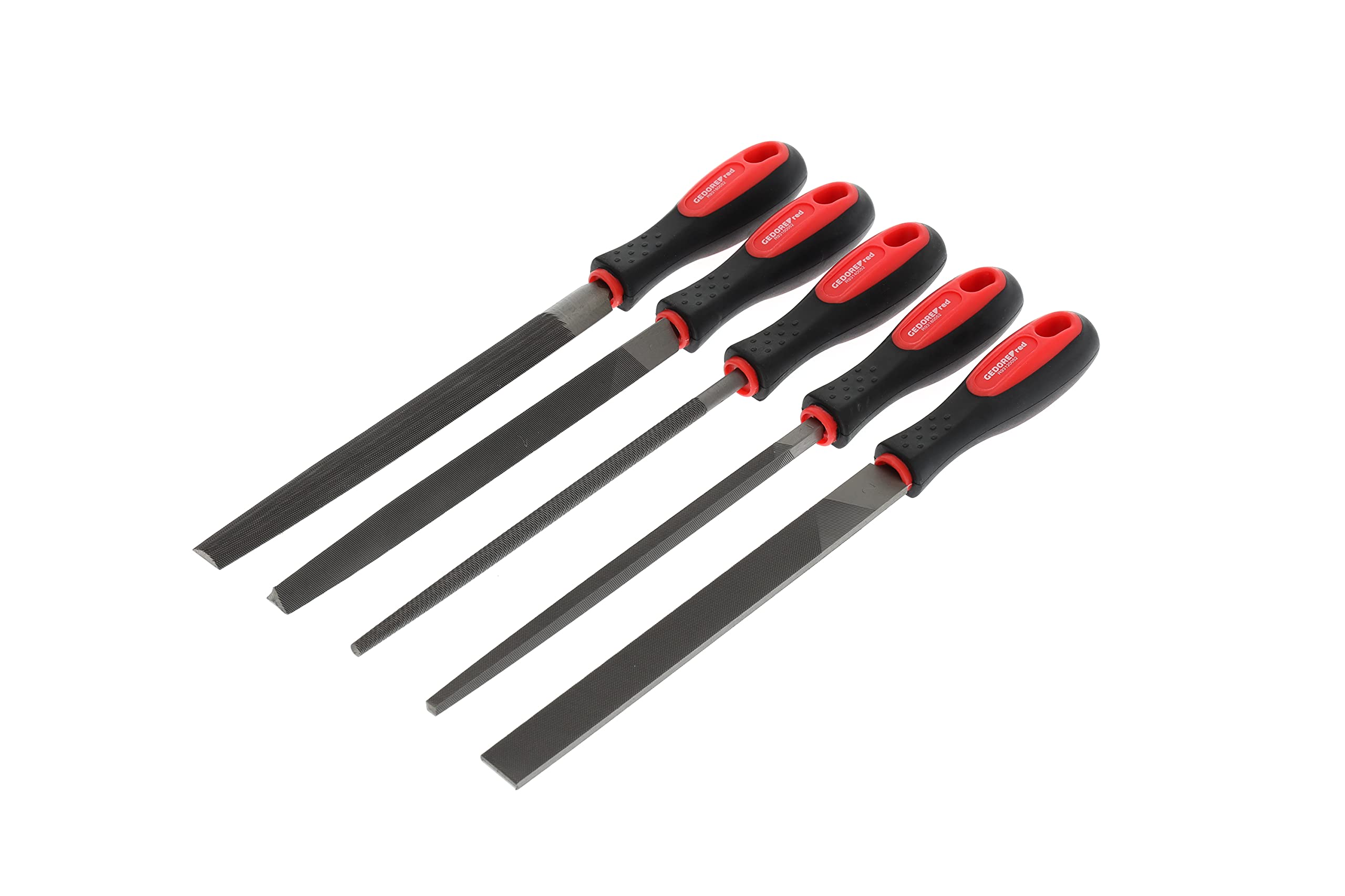 GEDORE R93000005 Feilensatz 3kt+4kt+Flach+Rund+Halb 5tlg File Set, 5 Pieces, Special Steel, with Plastic Bag, 2-Component Handle, red/Black, 5-teilig