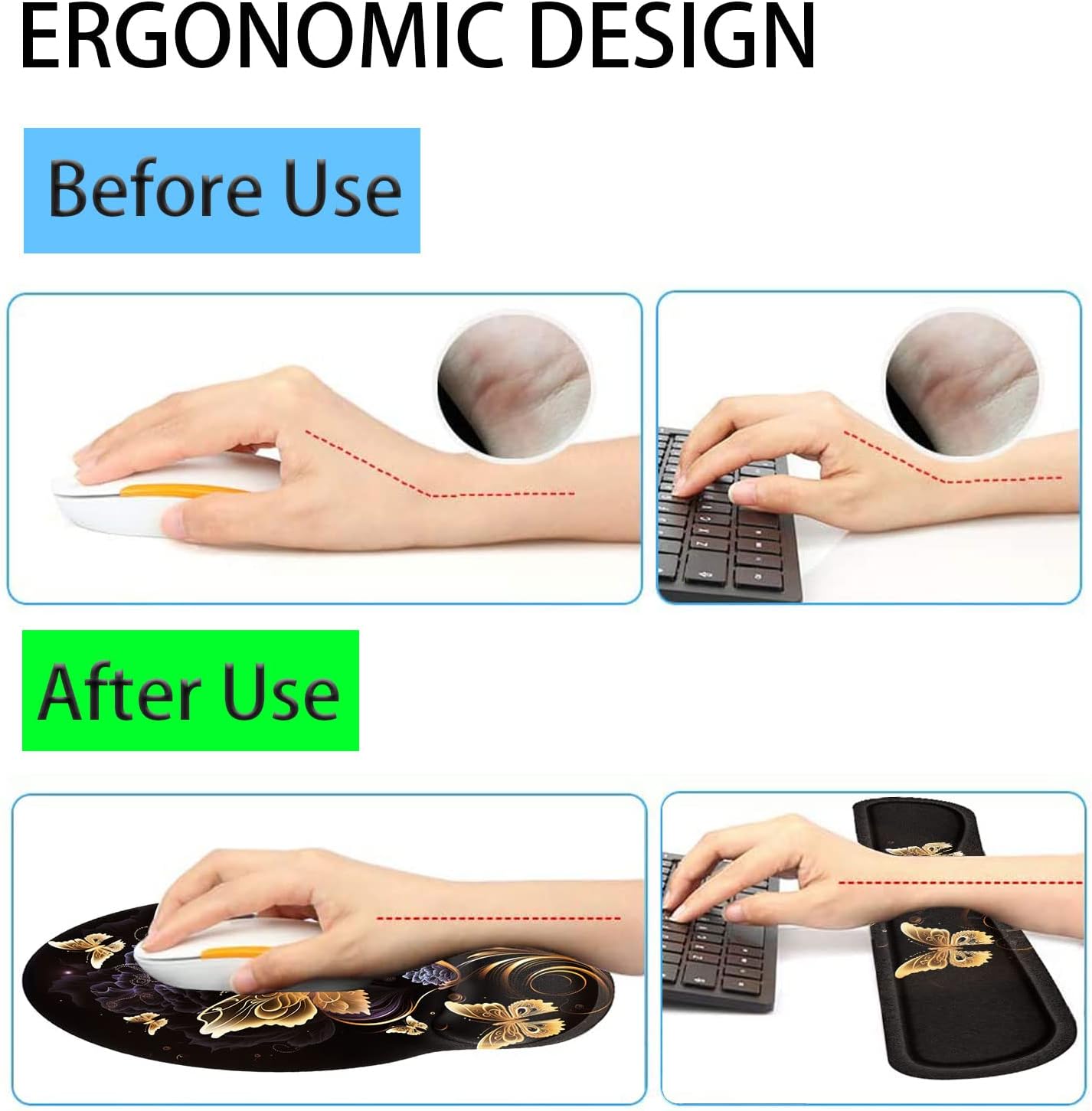Keyboard Wrist Rest and Mouse Pad Wrist Support Set with Coffee Coaster, Non-Slip PU Base for Gaming and Office, Comfortable & Lightweight for Easy Typing & Pain Relief,Gold Butterfly