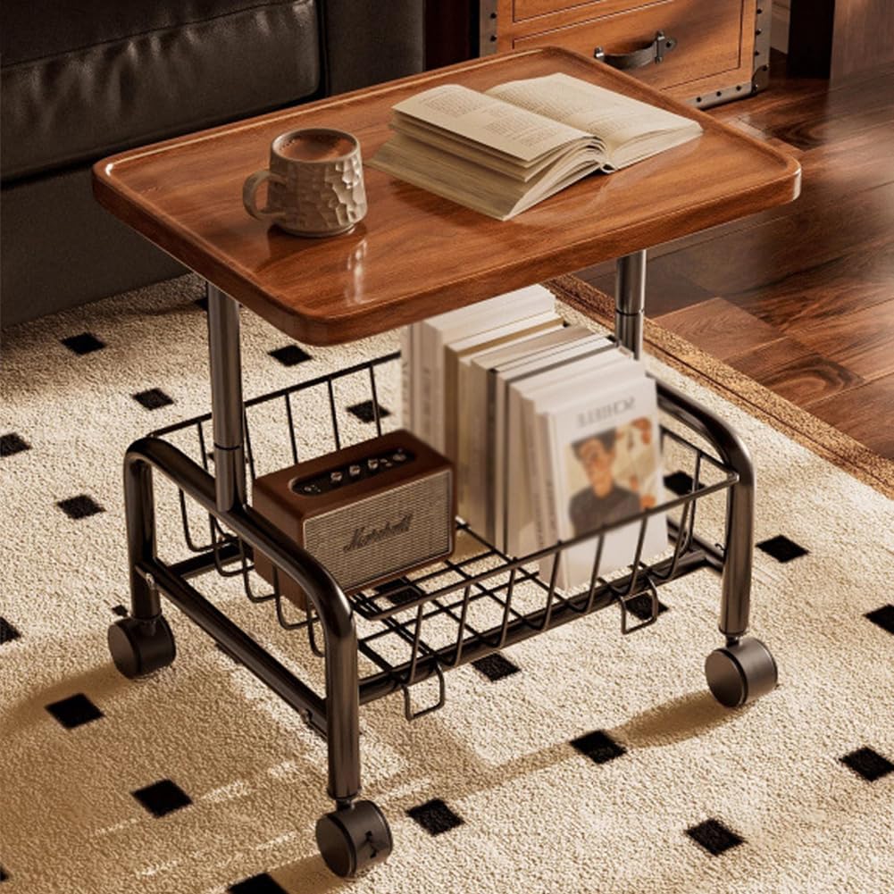 SXZenSpace Multifunctional Open Shelf 2 Tiers Coffee End Table,Couch Side Table with Wheels And Metal Frame,TV Tray Tables for Living Room,black walnut
