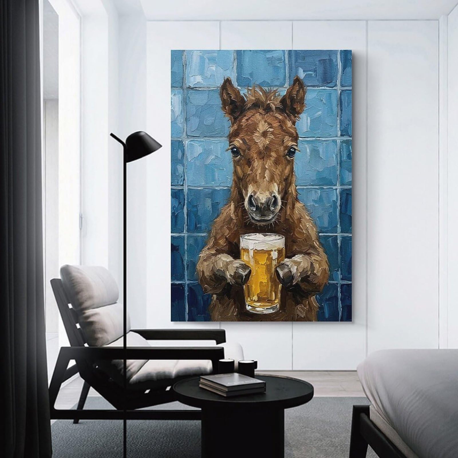 Junmoney Canvas Wall Picture Horse with Beer Painting, 20x30inch(50x75cm), for Home Lounge, Bedroom Or Reading Nook, A Home Accent with Warm Character