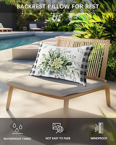 Miniatura 4 de Paquete de 2 fundas de almohada lumbar con hojas de eucalipto, impermeables, para exteriores, color verde botánico acuarela negra a cuadros para