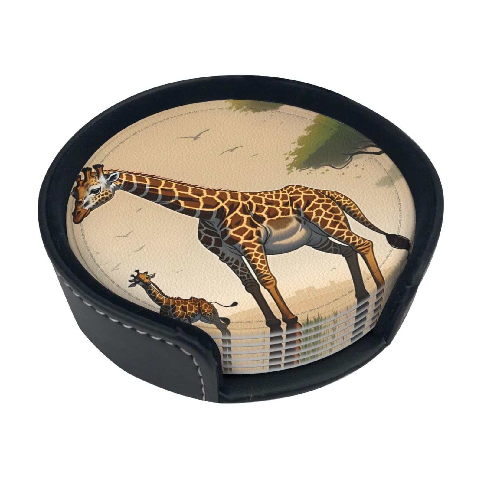 Mother and Child Giraffe Printed Coaster Set, with Holders, 6 Pieces. Suitable for Dining Tables, Kitchen Decor, and Coffee Tables.