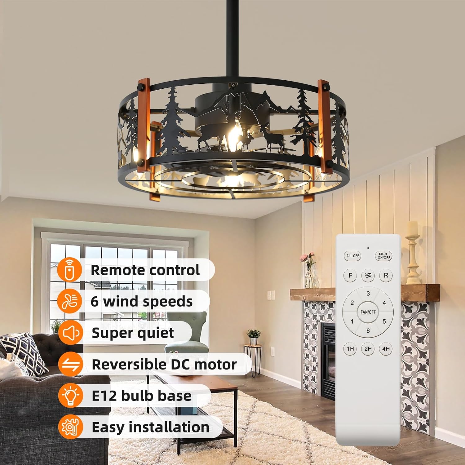 19 inch Caged Ceiling Fans with Lights - Black Farmhouse Ceiling Fan Light with 6 Speeds, Reversible Silent Motor, Indoor/Outdoor Fandelier Ceiling Fan for Bedroom,Kitchen，Living Room