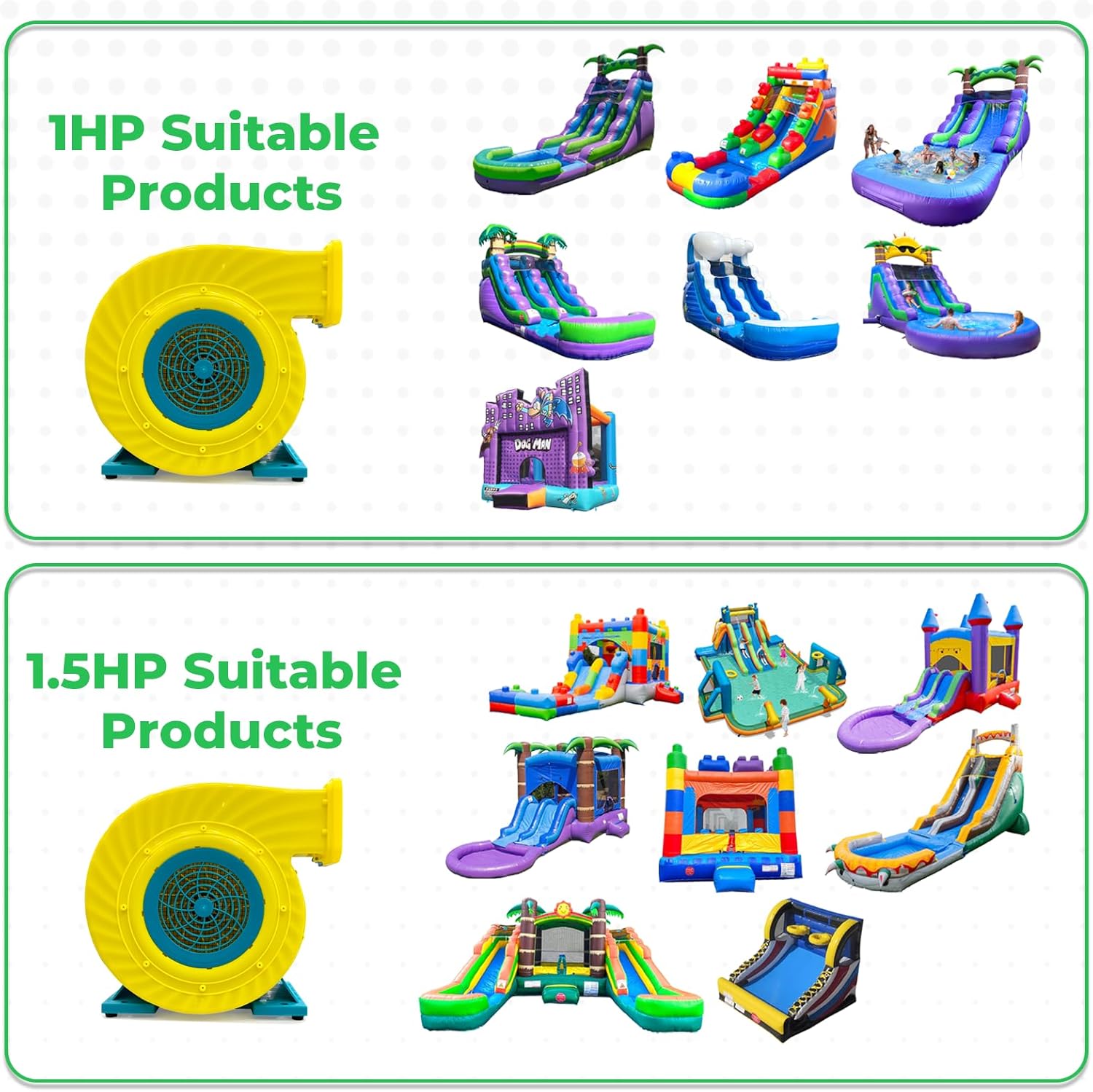 Bounce House Blower High Power Inflatable Air Blower – Large PVC Bounce Castles Water Slide & Event Inflatables IPX4 Waterproof, 110-120V with 6 Stakes-1HP 750W