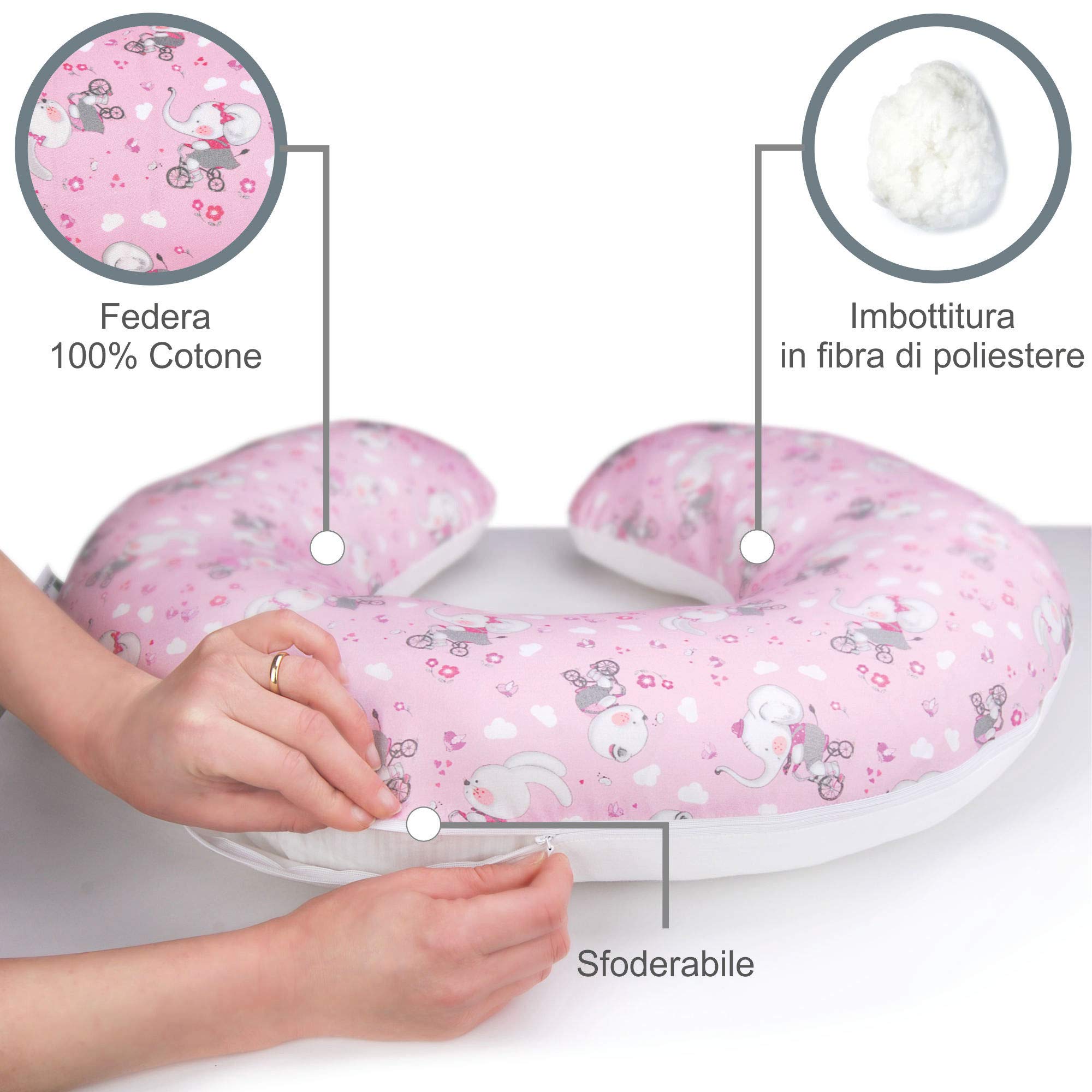 Babysanity Cuscino Allattamento Kikka Gravidanza Neonato XXL con Federa Esterna 100% Cotone Alta Qualità Sfoderabile per le Future Mamme Pratica Borsa Viaggio Made In Italy (Animaletti Rosa)
