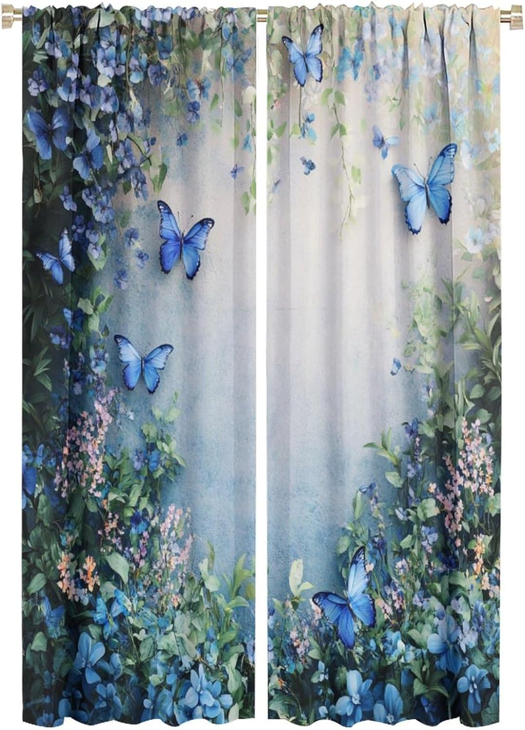 Blue Butterfly Flower Blackout Curtains for Bedroom/Living Room, Beautiful Vine Plant Curtains Rod Pocket Thermal Insulated Window Drapes, 21W x 63L, 2 Panels