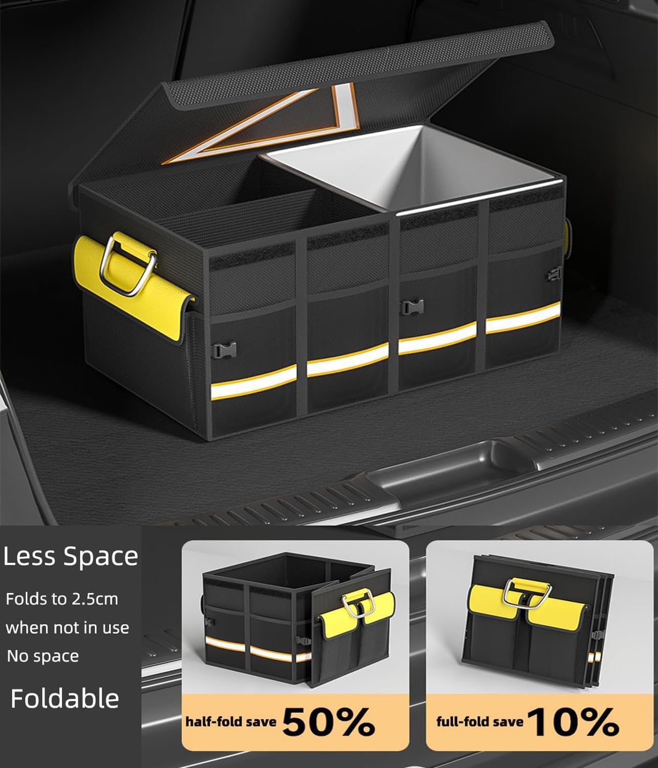 Organizer per bagagliaio con coperchio, 68 l, pieghevole, multifunzione, pieghevole, per auto, bagagliaio, impermeabile, per tutte le auto, campeggio, picnic, shopping (4 scomparti)