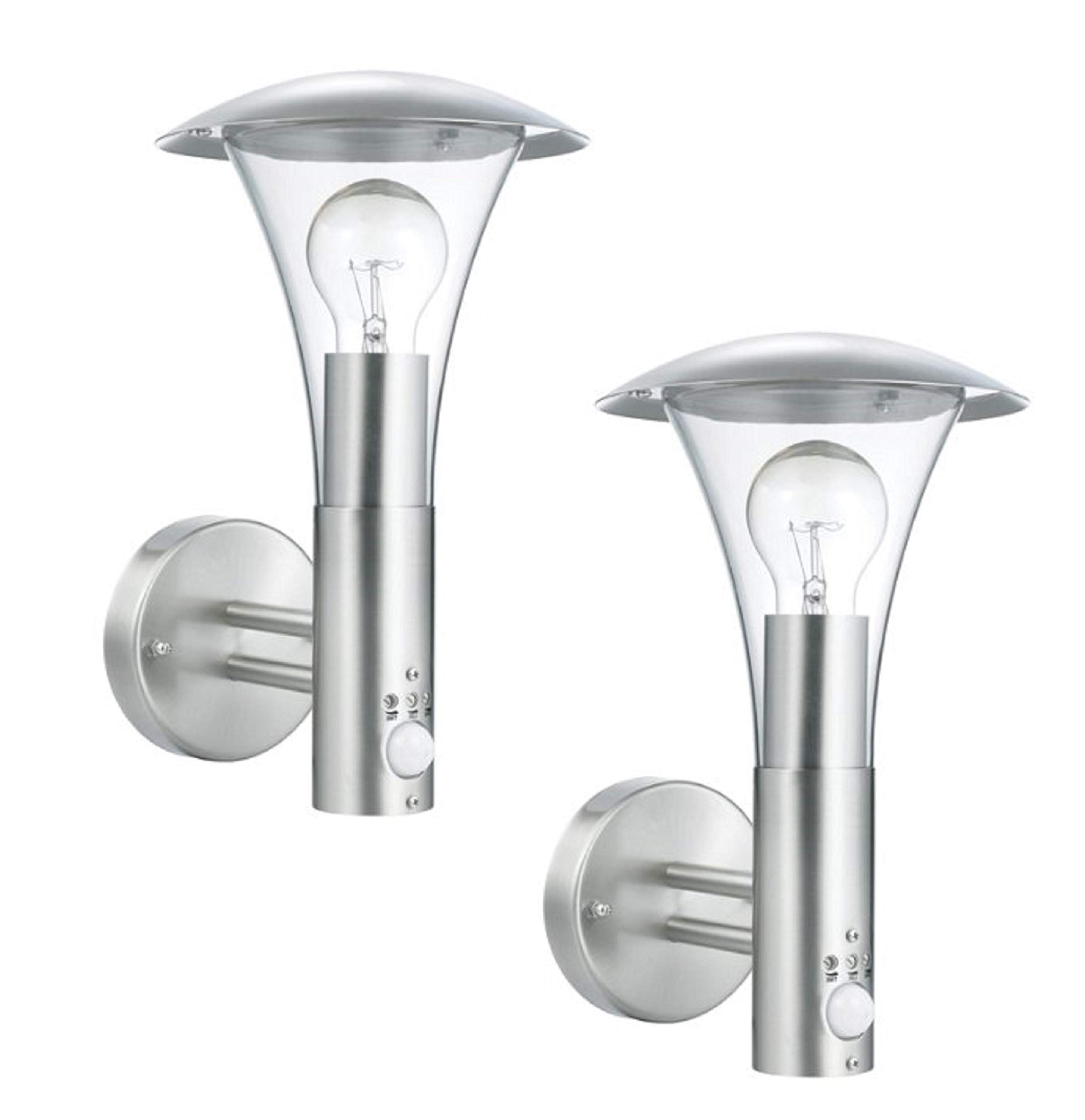 Trango 2er Pack 8001-PIR Sensor Außenleuchte IP44 Wandlampe mit 1x E27 Fassung für LED Leuchtmittel *SARA* Wandleuchte mit Bewegungsmelder aus Edelstahl und Kunststoff (ohne Leuchtmittel)