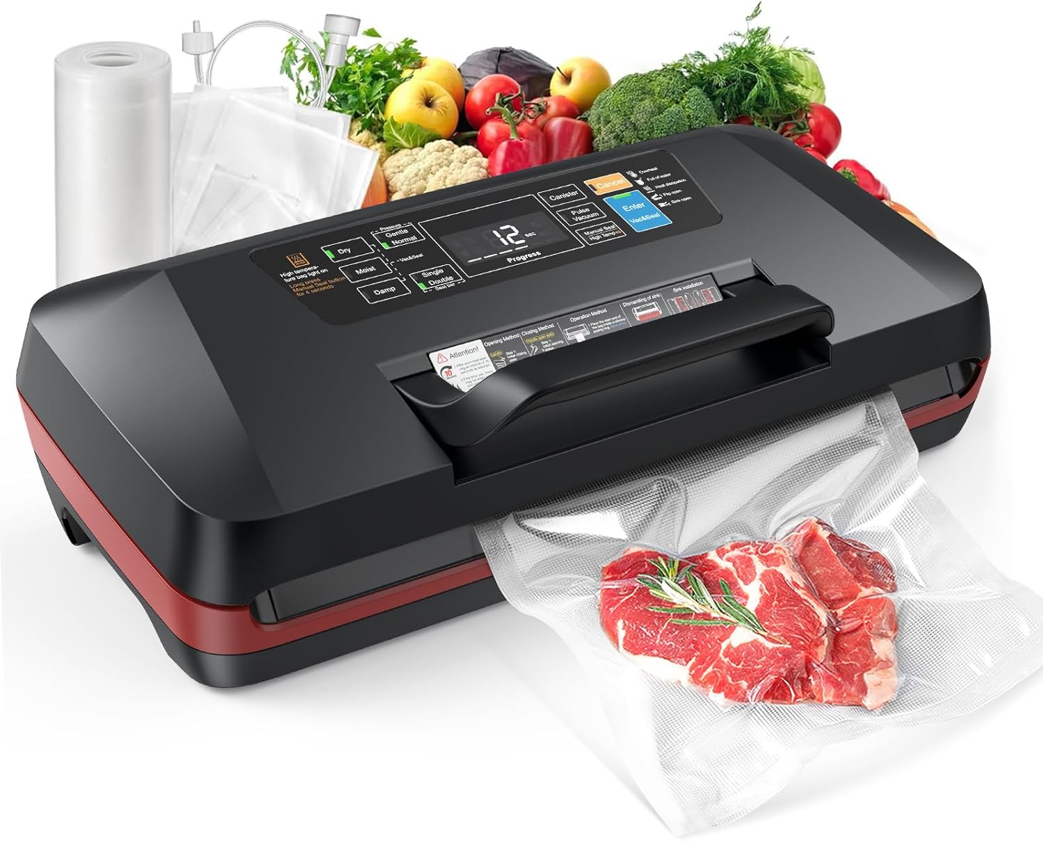 95kPa Vacuum Sealer Machine,Commercial Fully Automatic Food Sealer,10-in-1 Functions & Powerful Sealing System with Double Heat Seal,Easy-Lock Handle,Built-in cutter,1 Bag Rolls,10 Pre-cut Bags