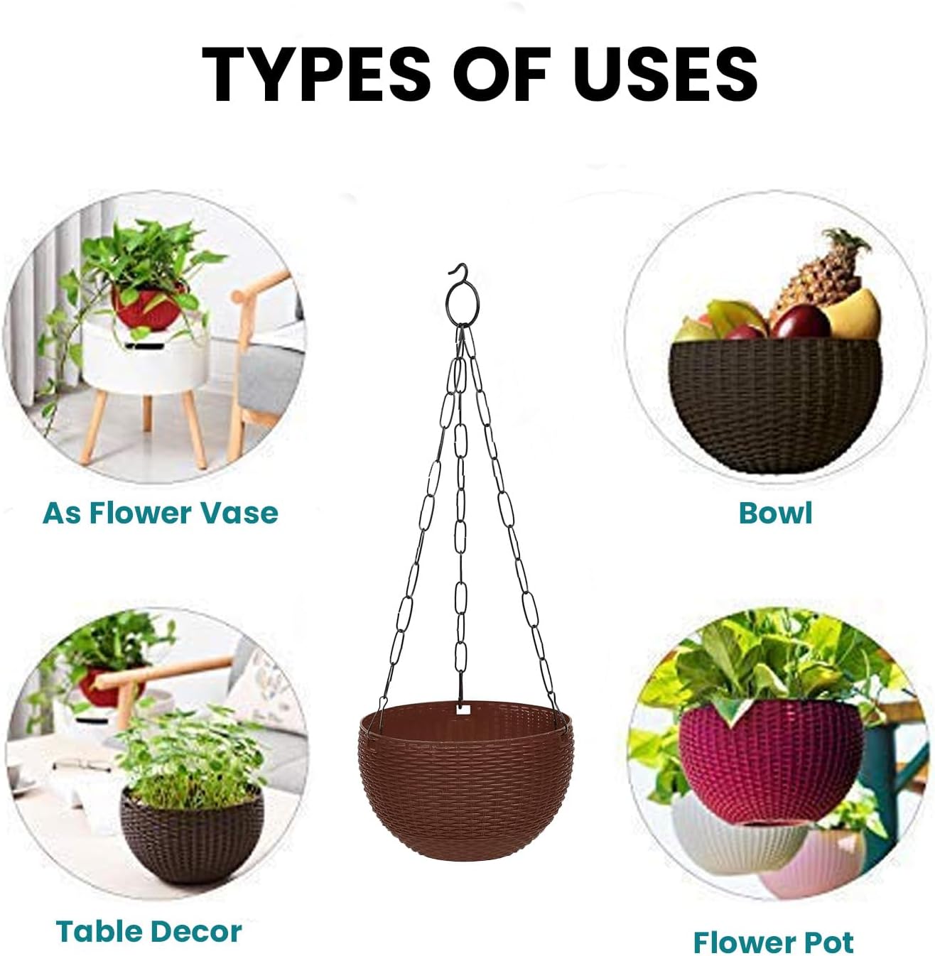 Go Hooked Hanging Pot | Plastic | Hanging Pot | Dark Brown | Pot Diameter-7.1 Inch | Pot Height-4.8 Inch | Pot Thickness-3 mm | Chain Length-13 inch Approx, | 5 Pieces | 5PCS
