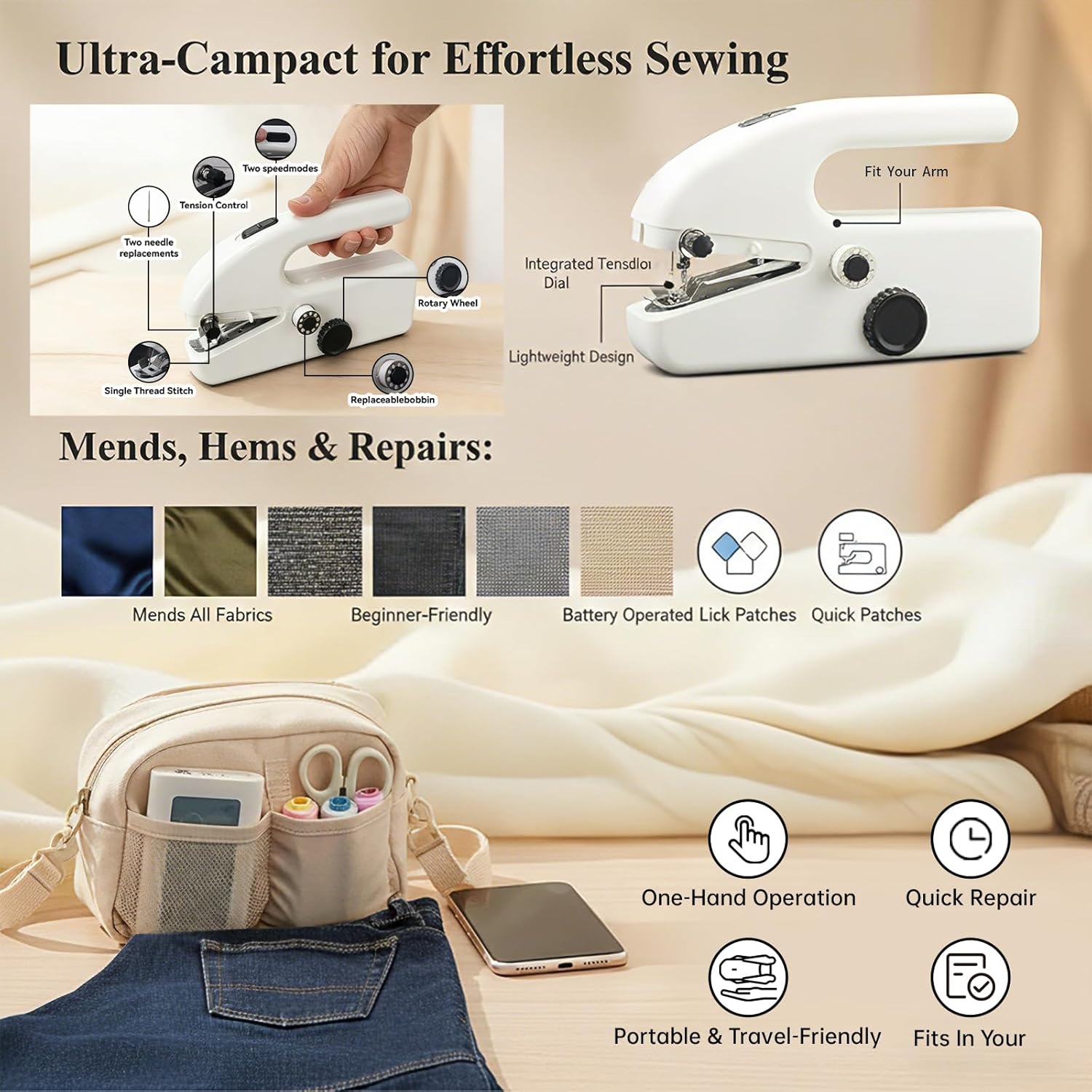 Handheld Sewing Machine for Travel, Mini Sewing Machine for Beginners with Two Speed, Suitable for Clothes Fabric and Home Repairs for Monther's Day Birthday Valentine's Day Women's Day Gifts